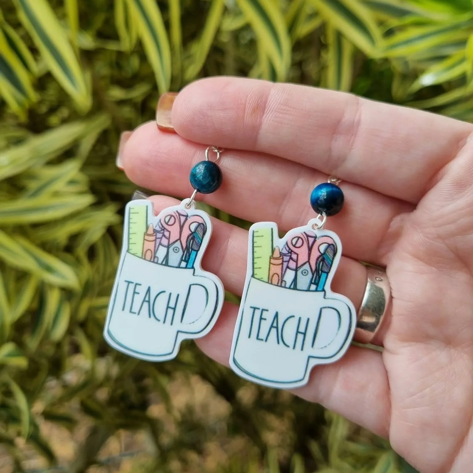 Blue Galaxy Tiger Eye Teacher Mug Earrings- Silver