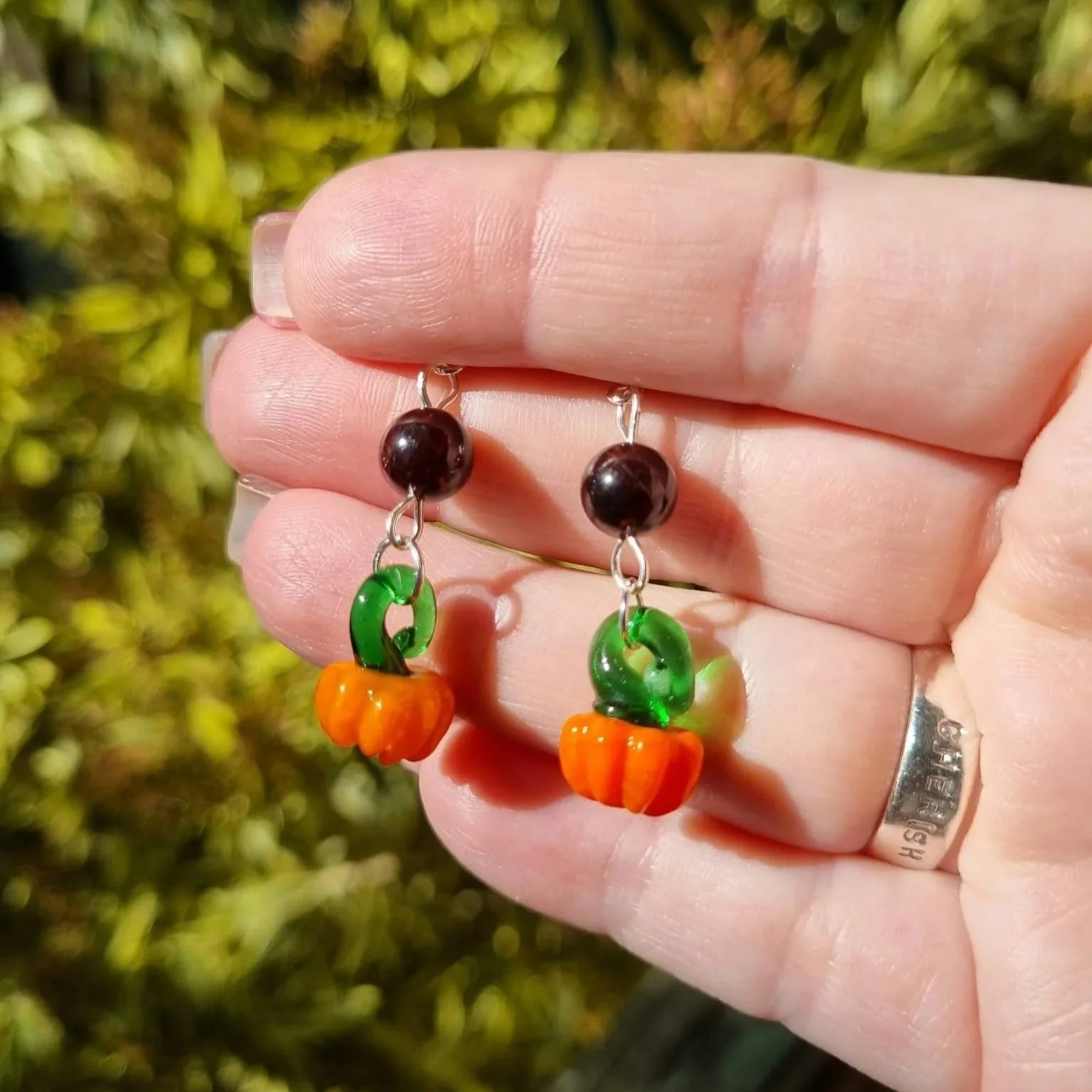 Garnet Pumpkin Earrings - Silver