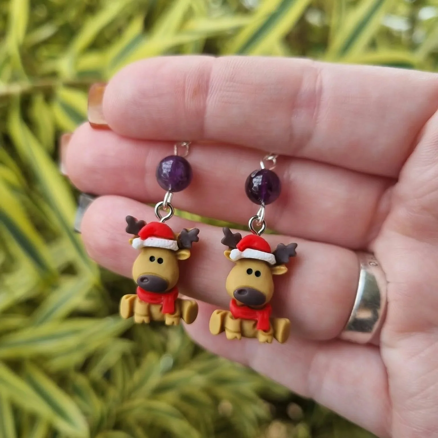 Amethyst Reindeer Earrings- Silver