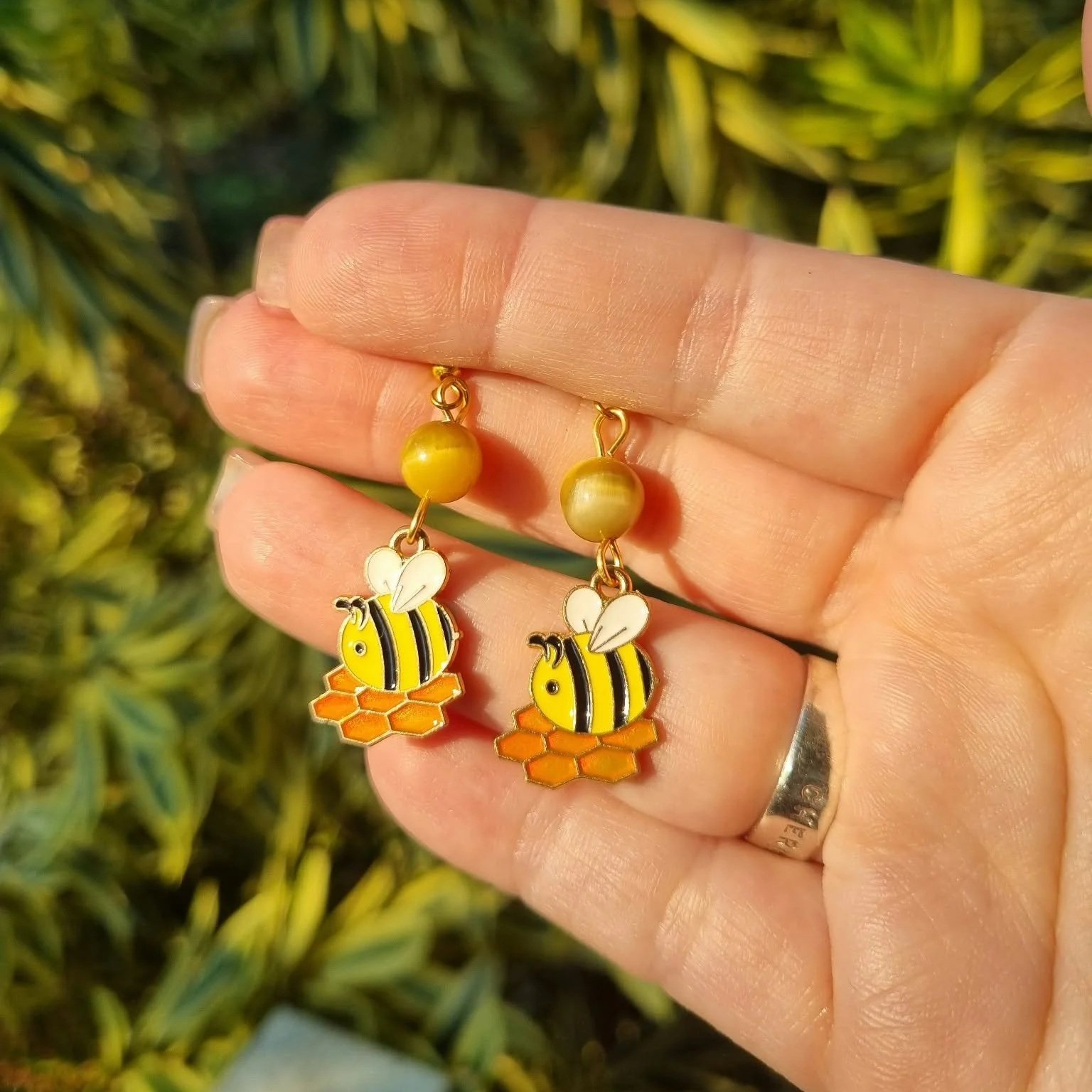 Yellow Galaxy Tiger Eye Bee Earrings - Gold