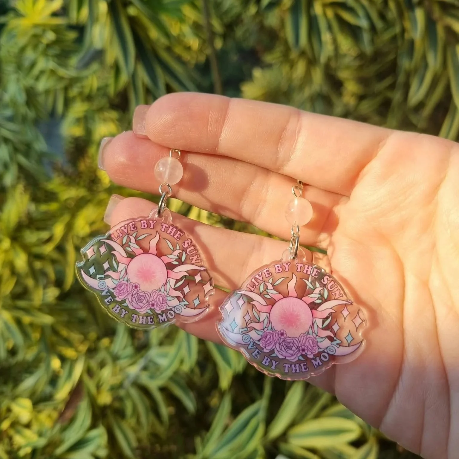 Rose Quartz Pink Sun Moon Earrings - Silver