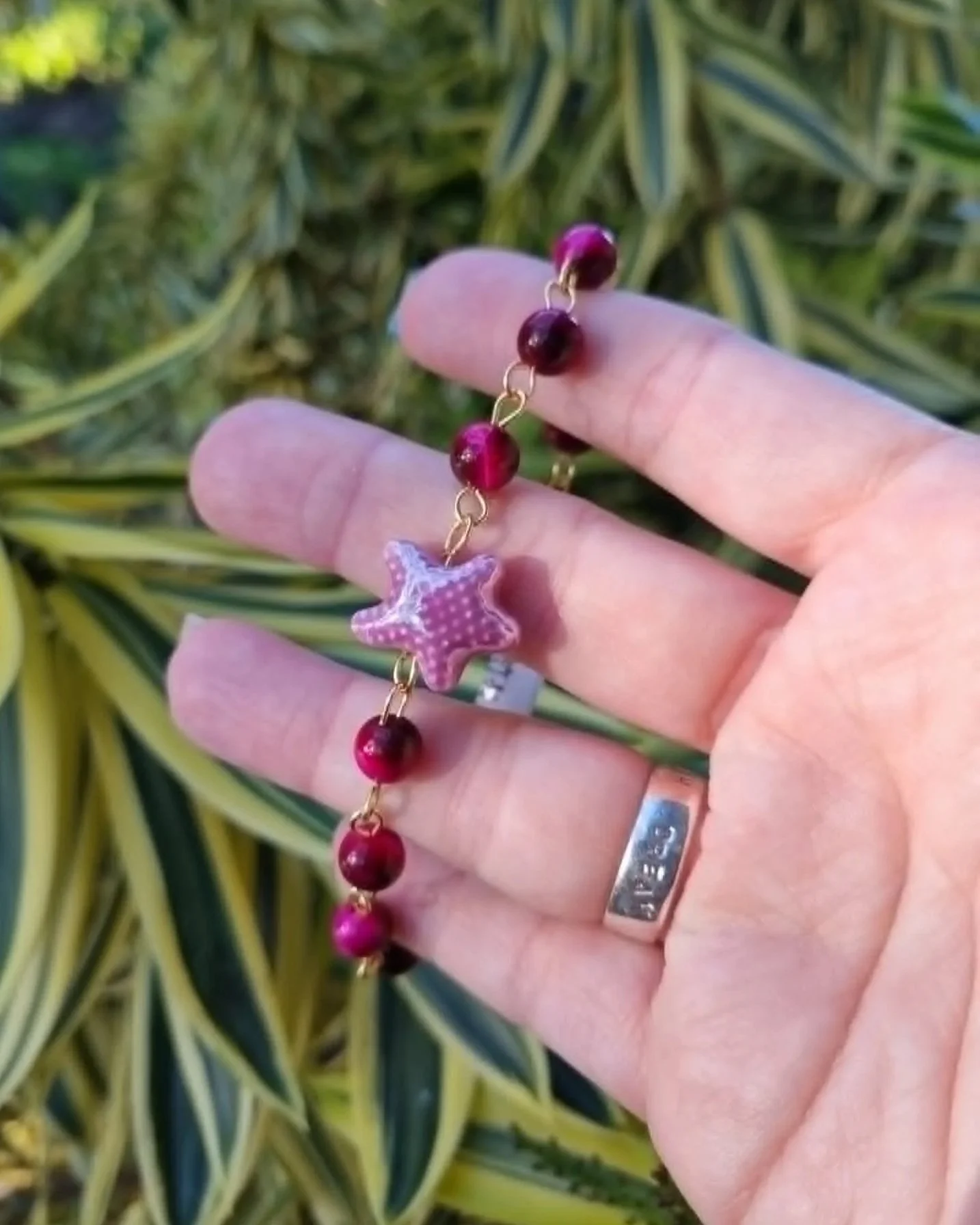 Pink Galaxy Tiger Eye Star Fish Bracelet - Silver