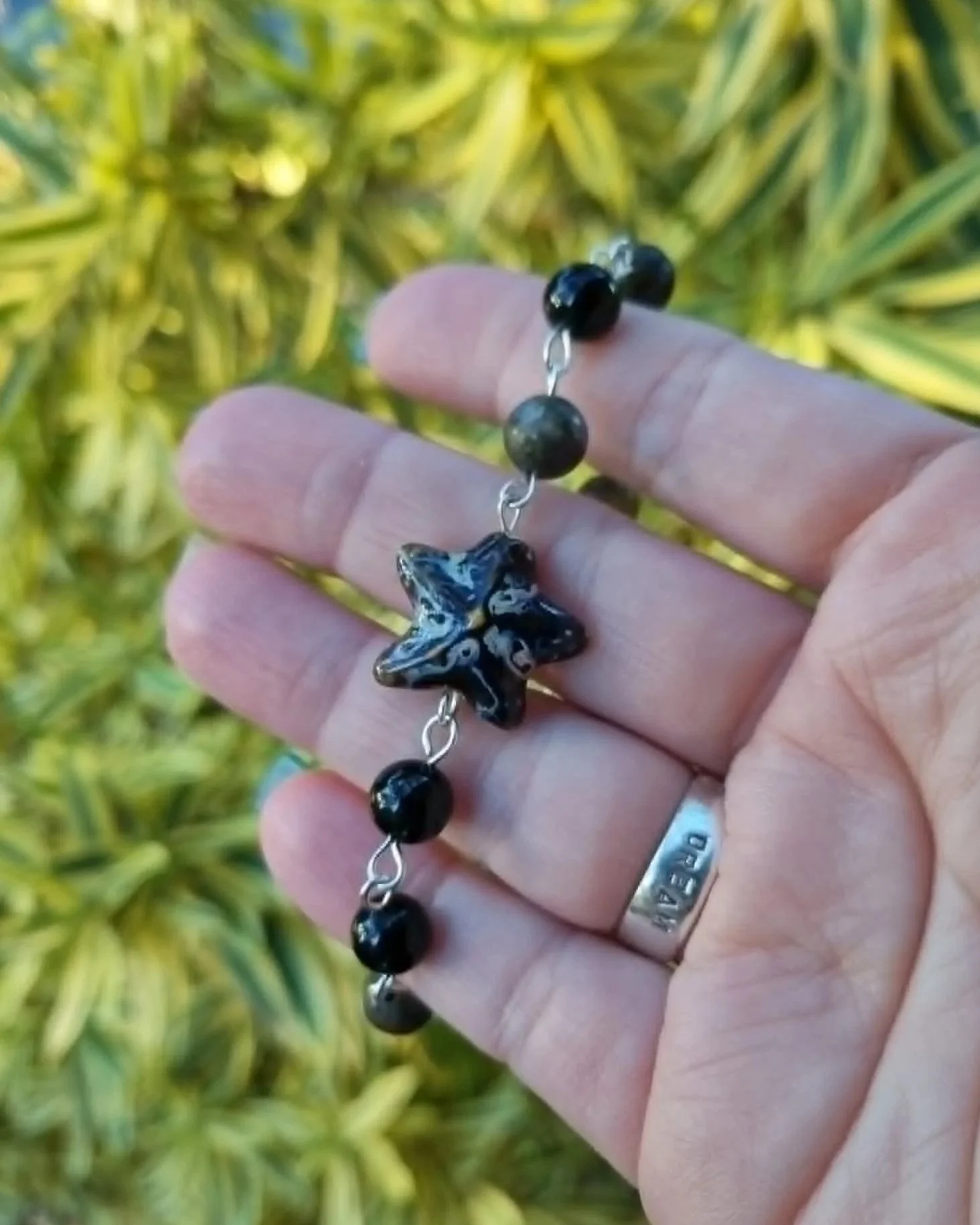 Black Tourmaline & Que Sera Star-Fish Bracelet - Silver