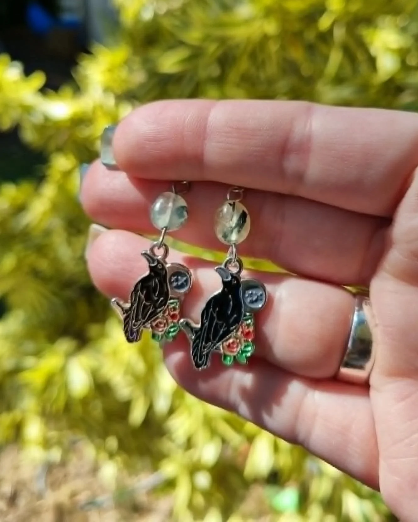 Prehnite Crow Earrings - Silver