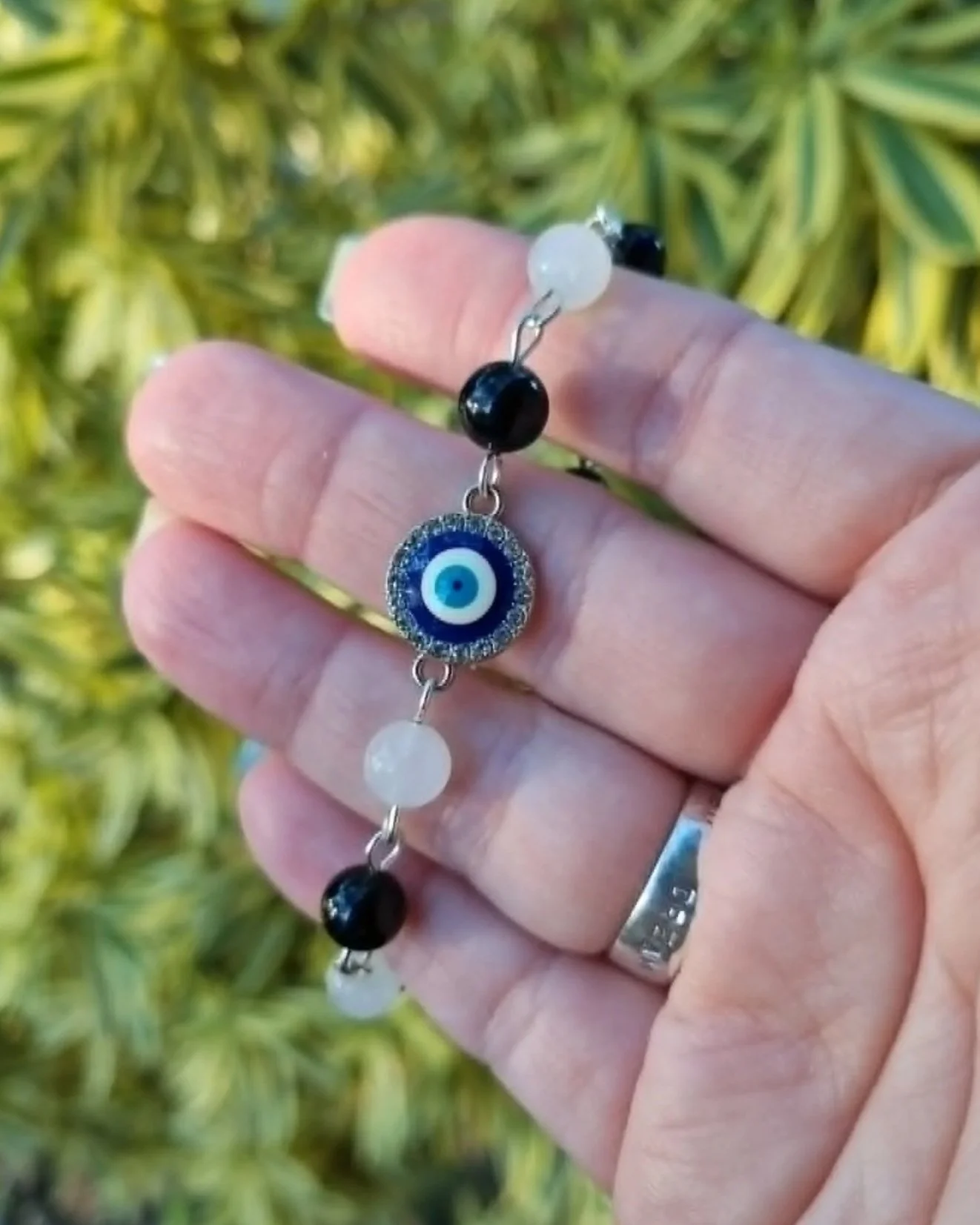 White Jade & Black Tourmaline Evil Eye Bracelet - Silver