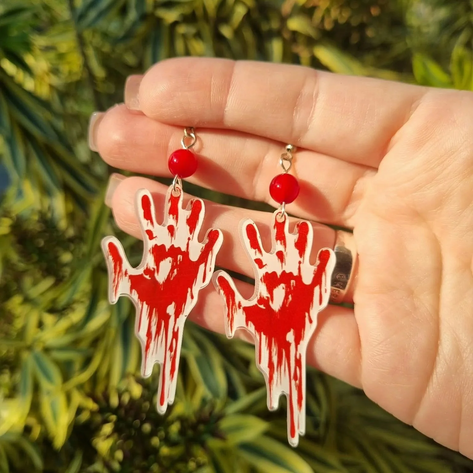 Dyed Red Quartz Bloody Hand Earrings - Silver