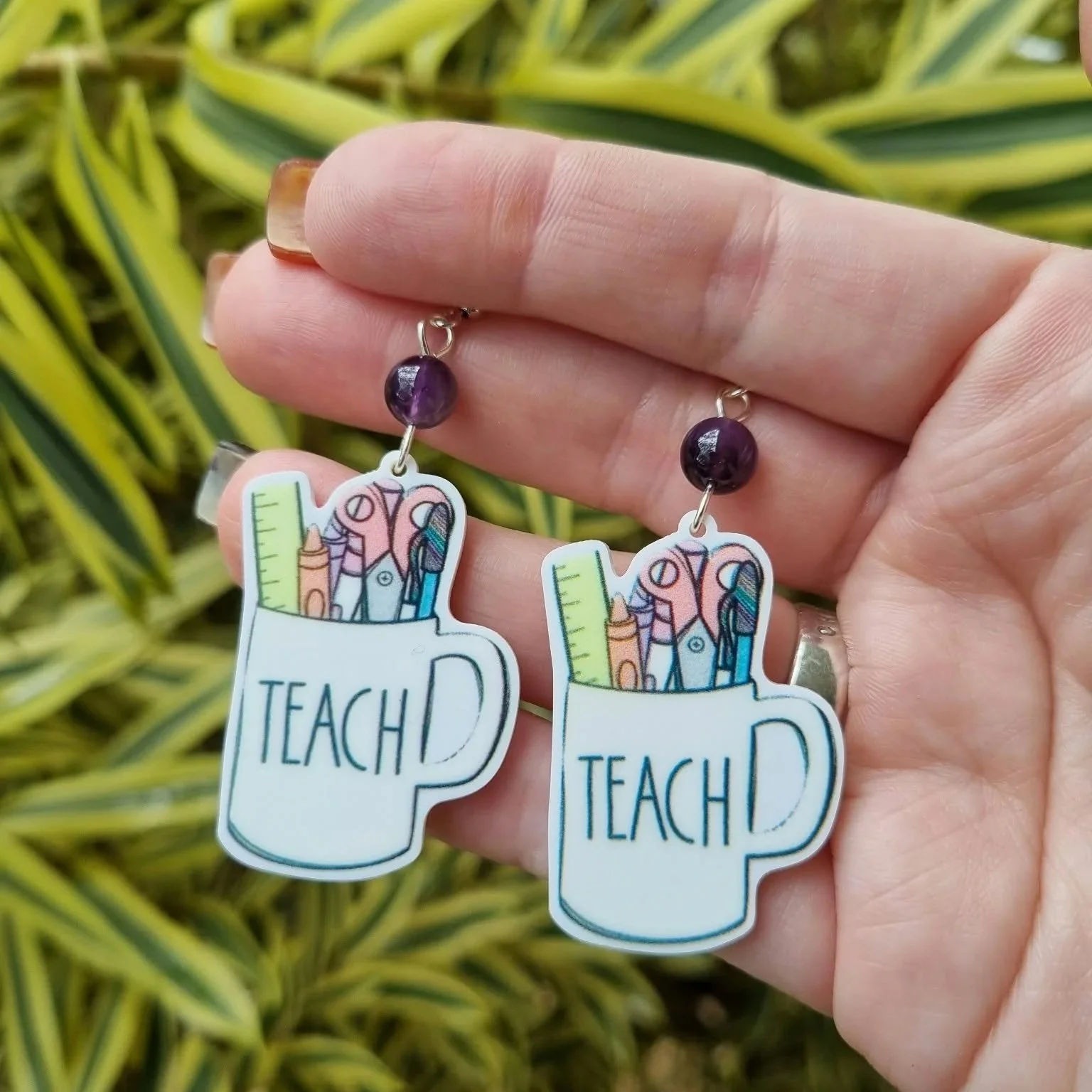 Amethyst Teacher Mug Earrings- Silver