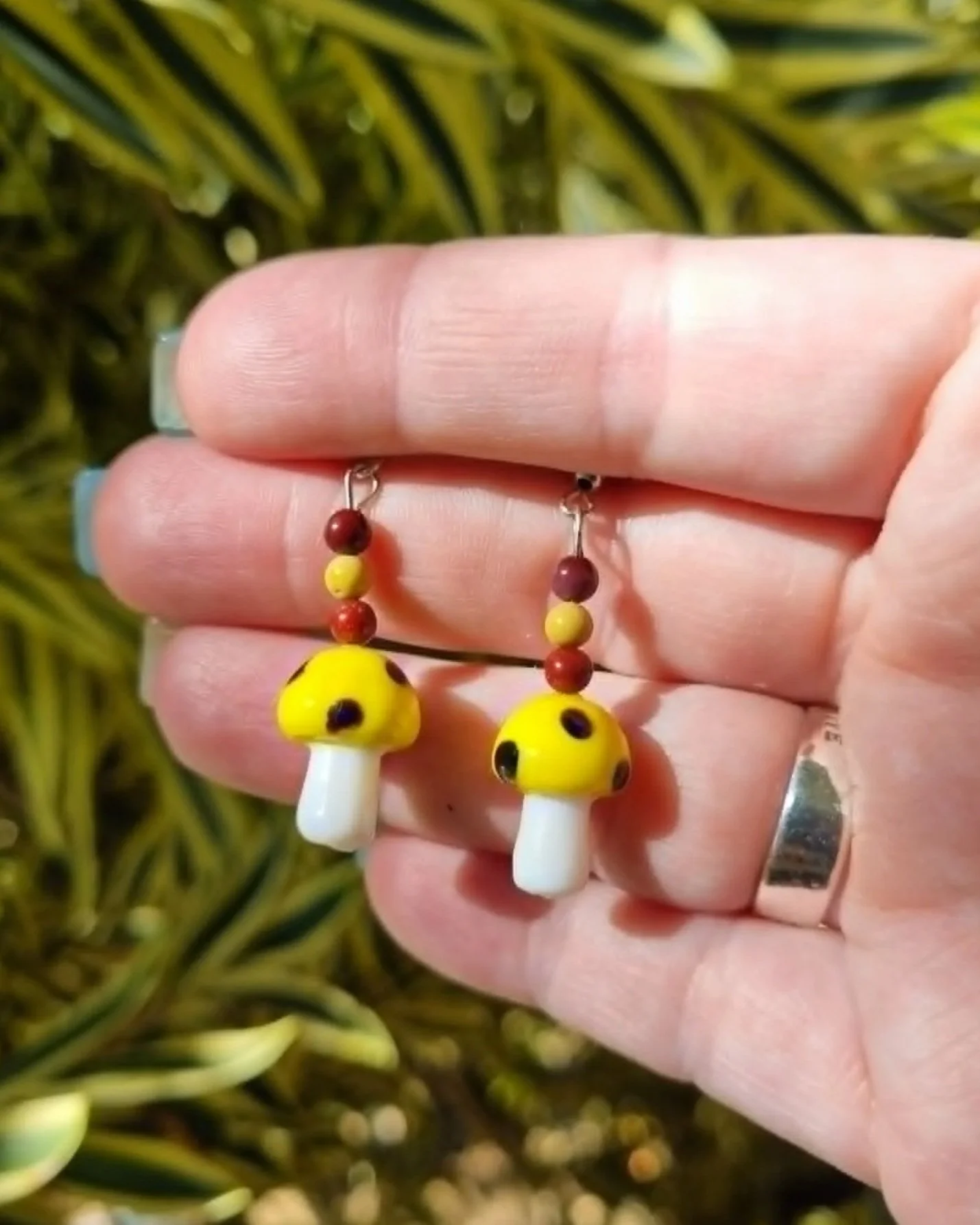 Mixed Mookaite Yellow Mushroom Earrings - Silver