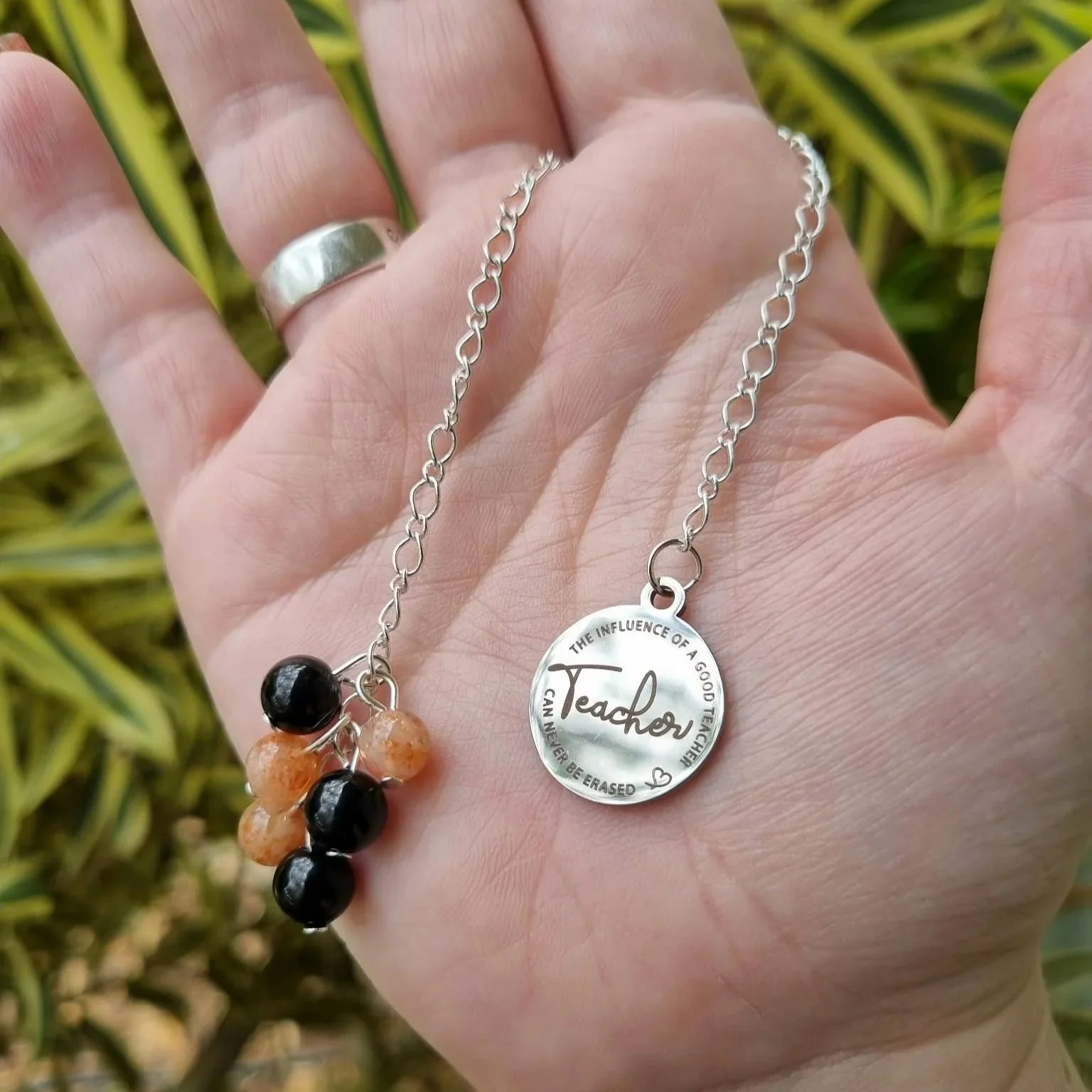 Black Tourmaline & Sunstone Teacher Chain Bookmark- Silver