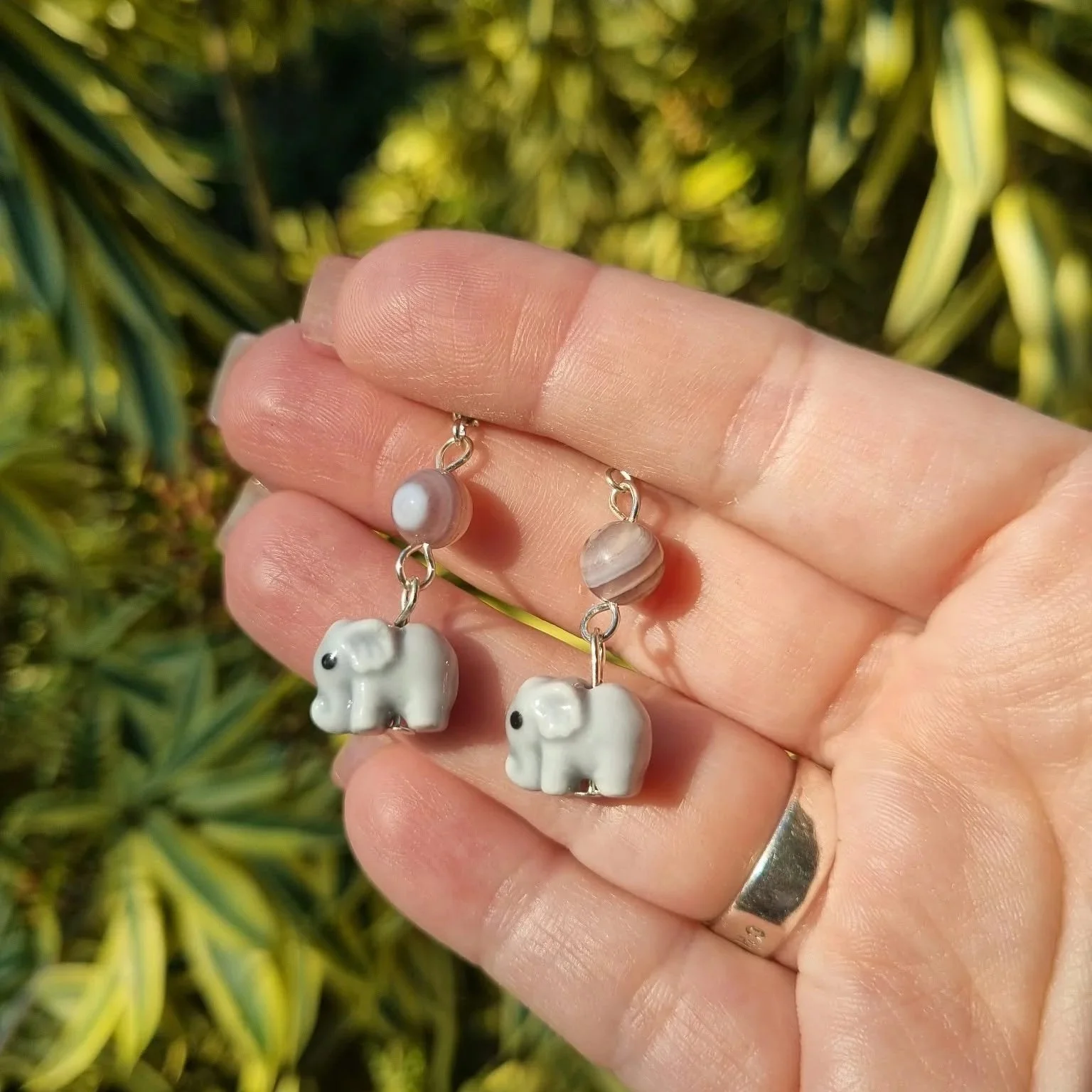 Botswana Agate Elephant Earrings - Silver