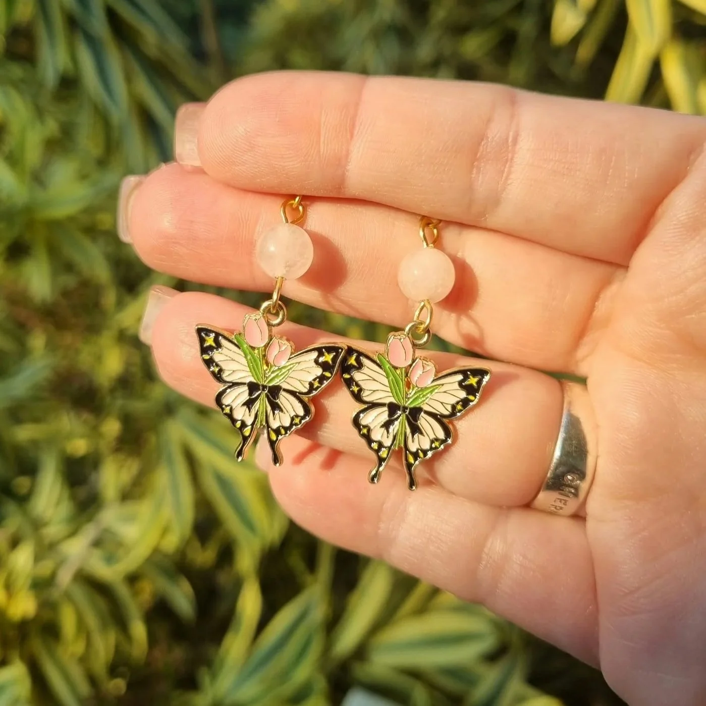 Rose Quartz Butterfly Earrings - Gold