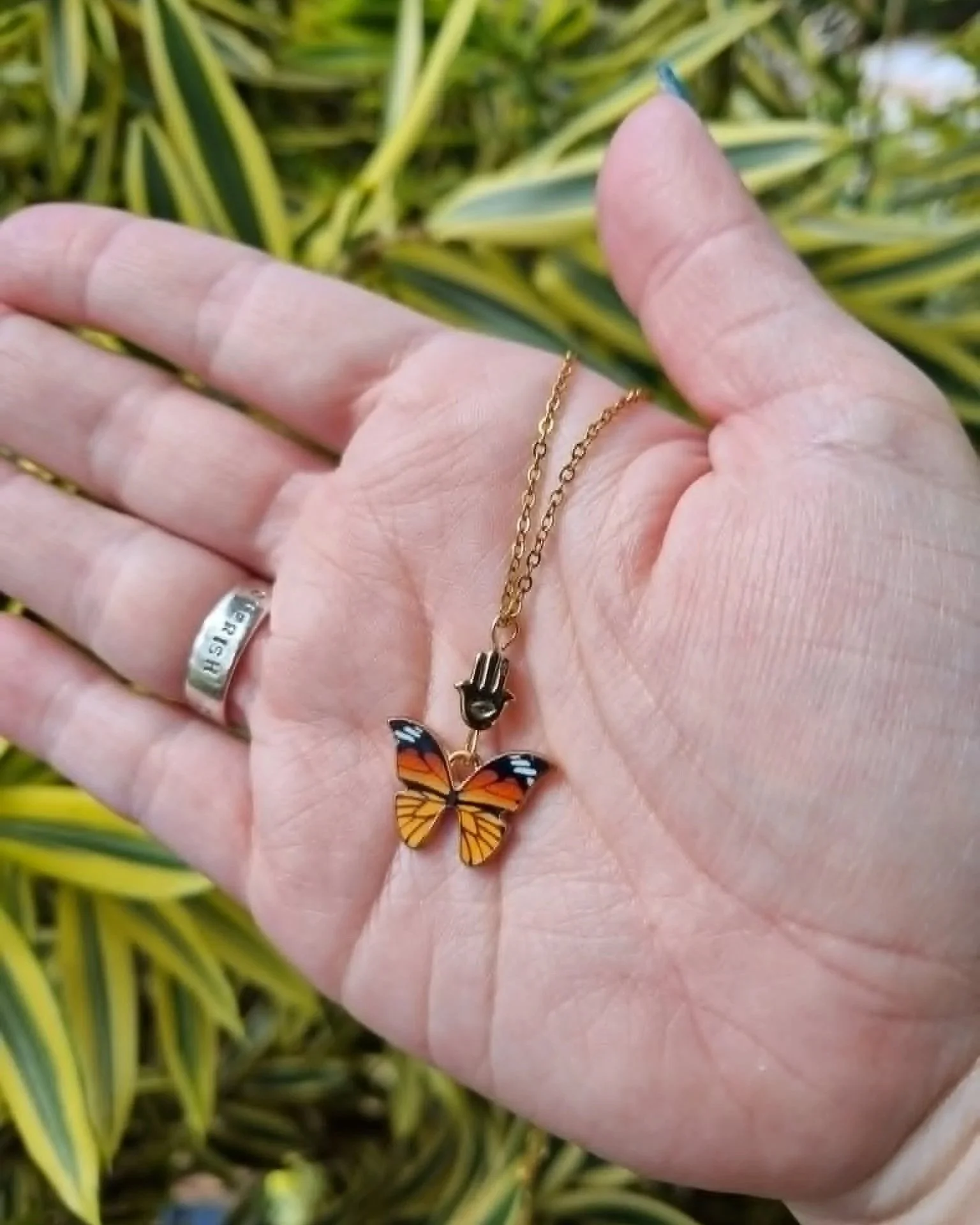 Pyrite Hamsa Hand Butterfly Pendant - Gold
