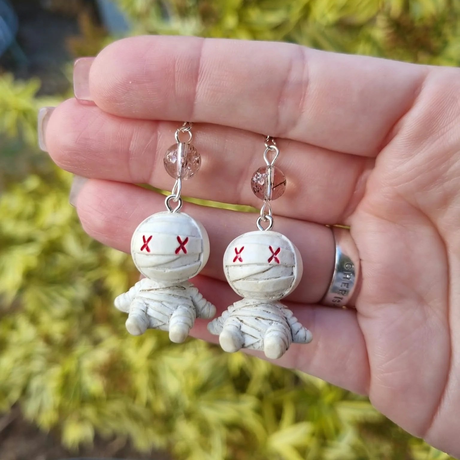 Red-Black Rutilated Quartz Mummy Earrings - Silver