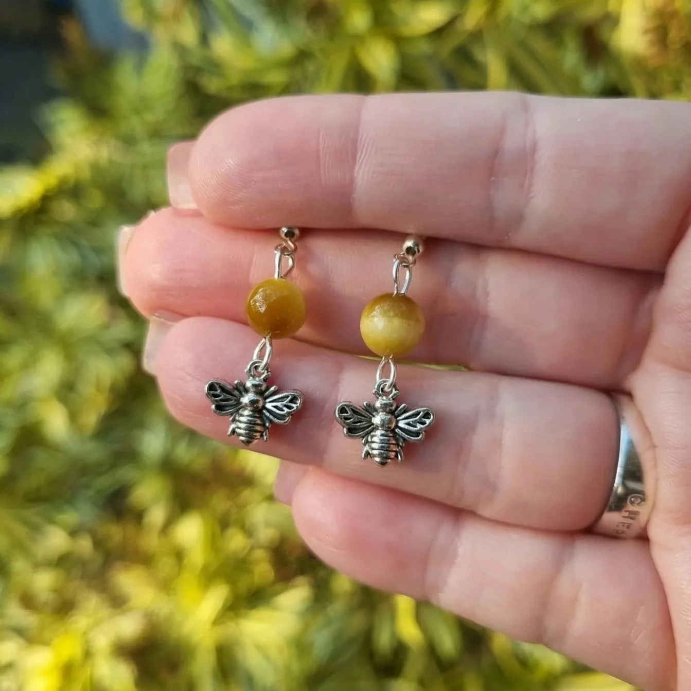 Yellow Galaxy Tiger Eye Bee Earrings - Silver