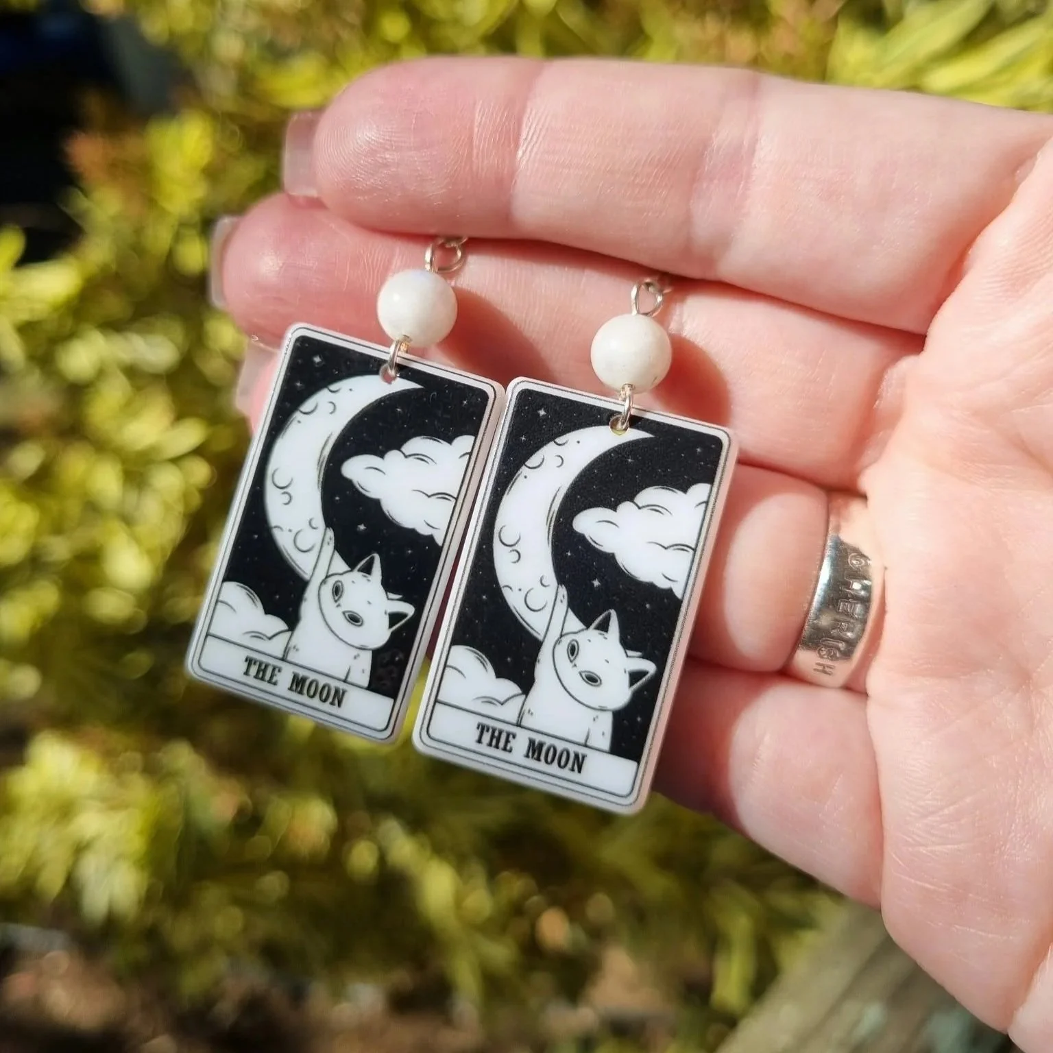 Moonstone The Moon Cat Tarot Earrings - Silver