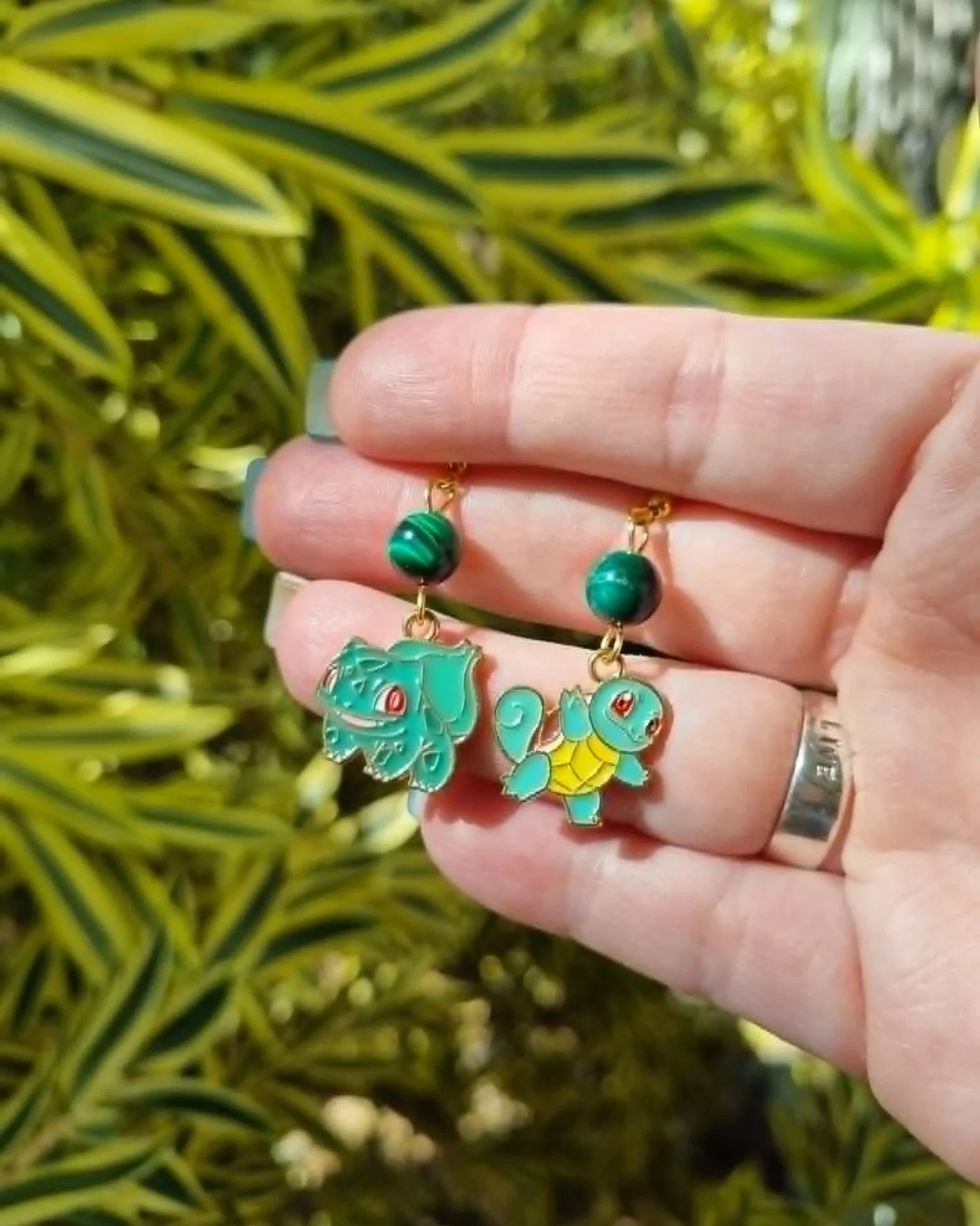 Green Galaxy Tiger Eye Squirtle & Bulbasaur Earrings - Gold