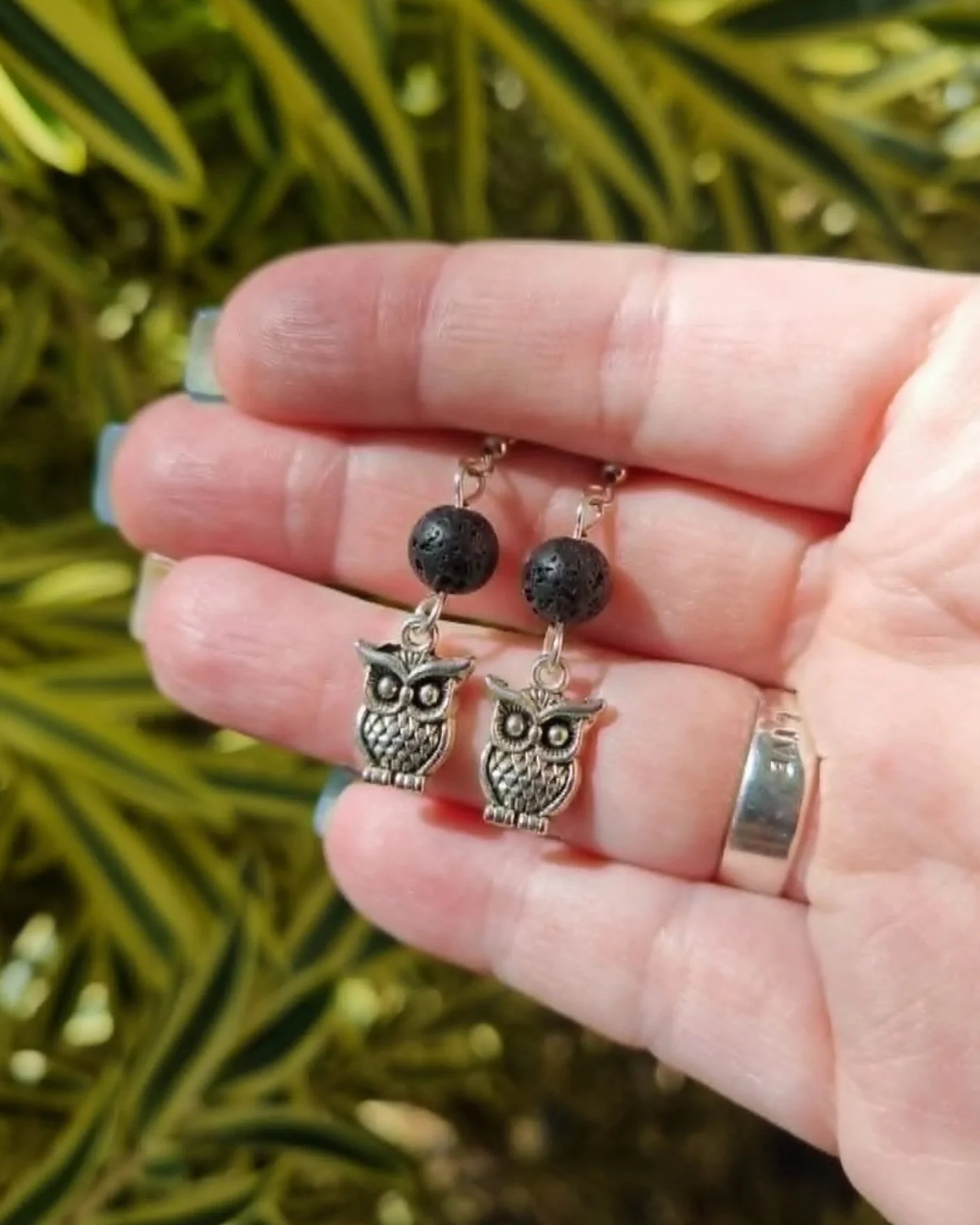 Lava Stone Owl Earrings - Silver
