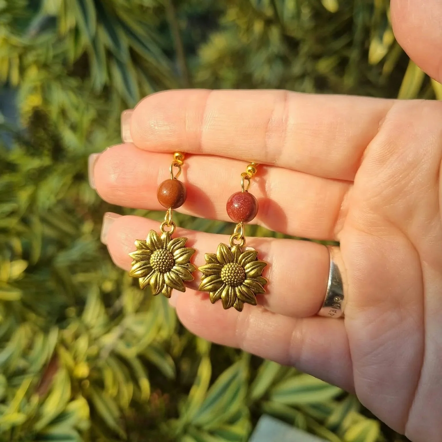 Red Mookaite Sunflower Earrings - Gold