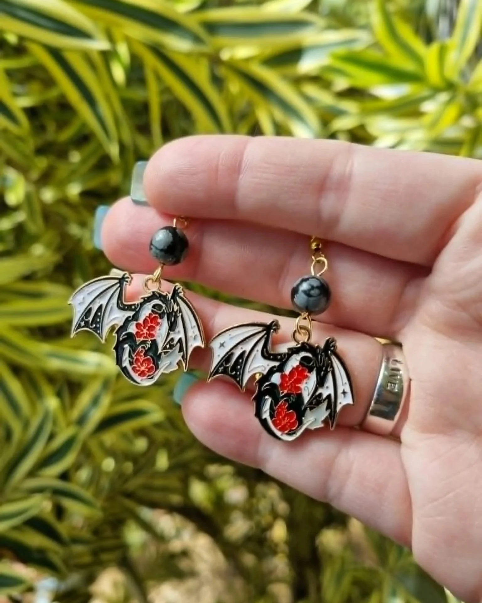 Snowflake Obsidian Dragon Earrings - Gold