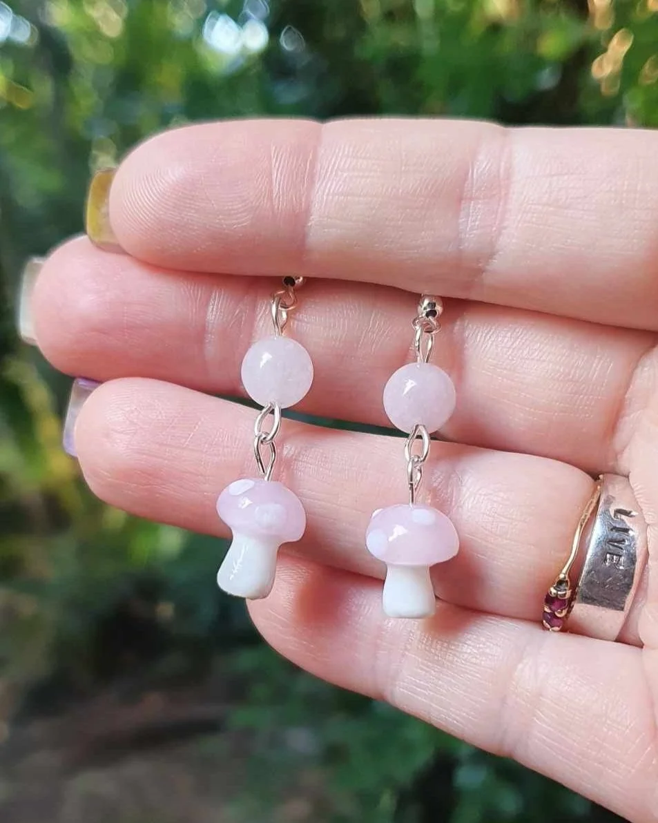 Lavender Chalcedony Pink Mushroom Earrings - Silver
