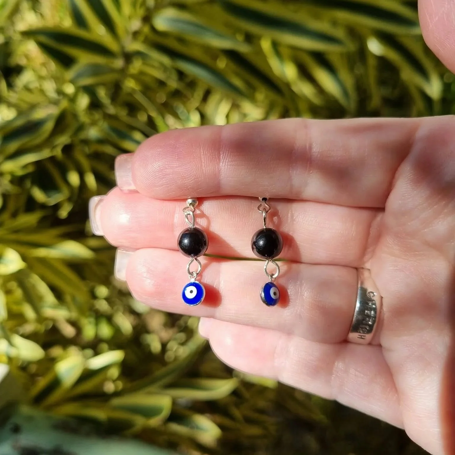 Black Tourmaline Evil Eye Earrings - Silver