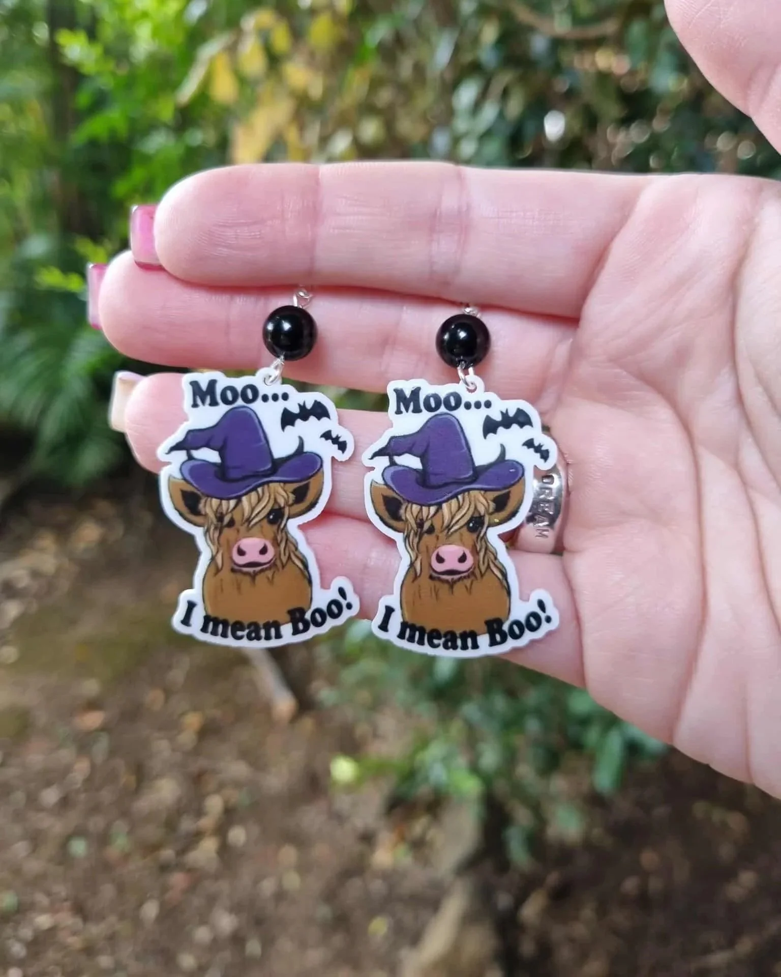 Black Tourmaline Witch Cow Earrings - Silver