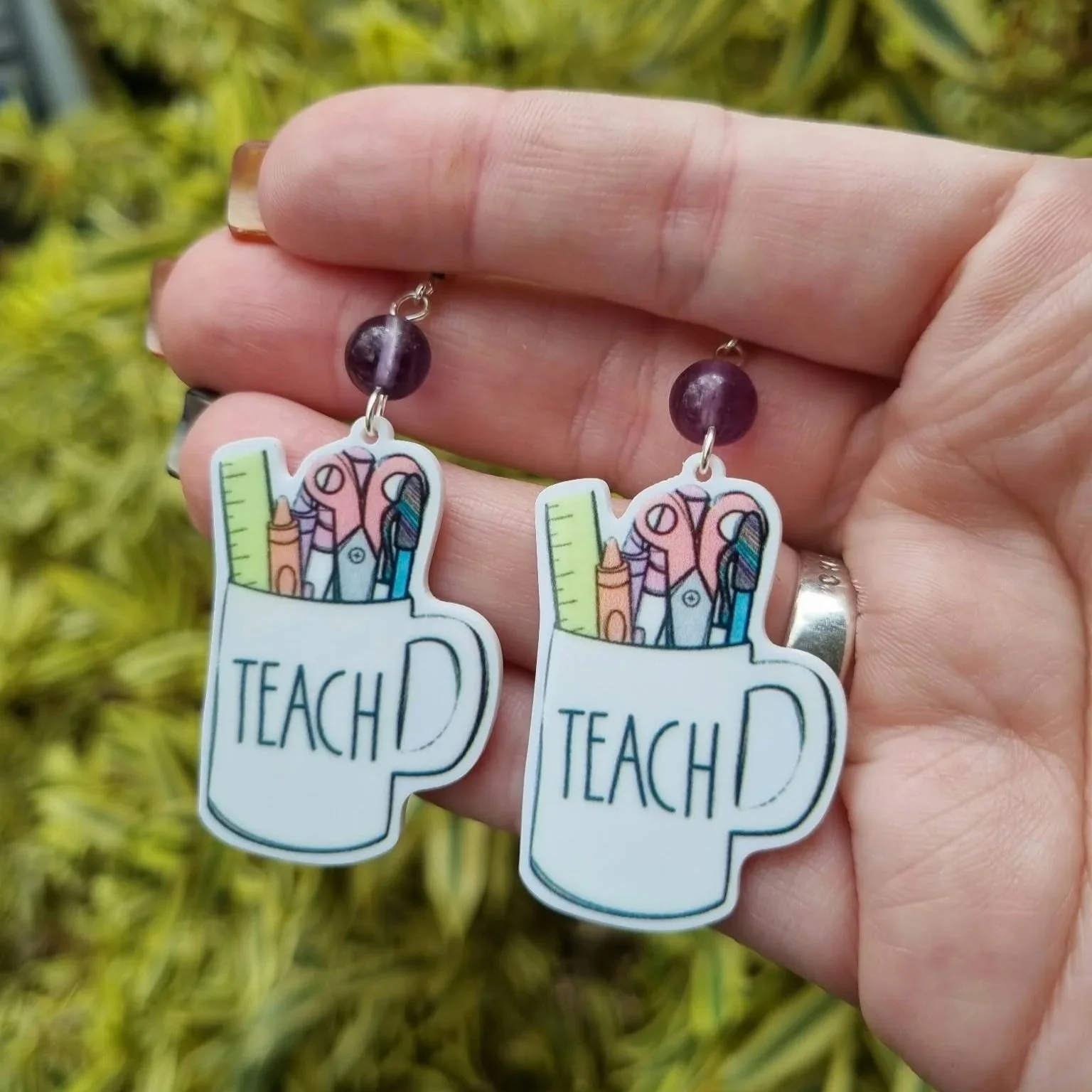 Purple Fluroite Teacher Mug Earrings- Silver
