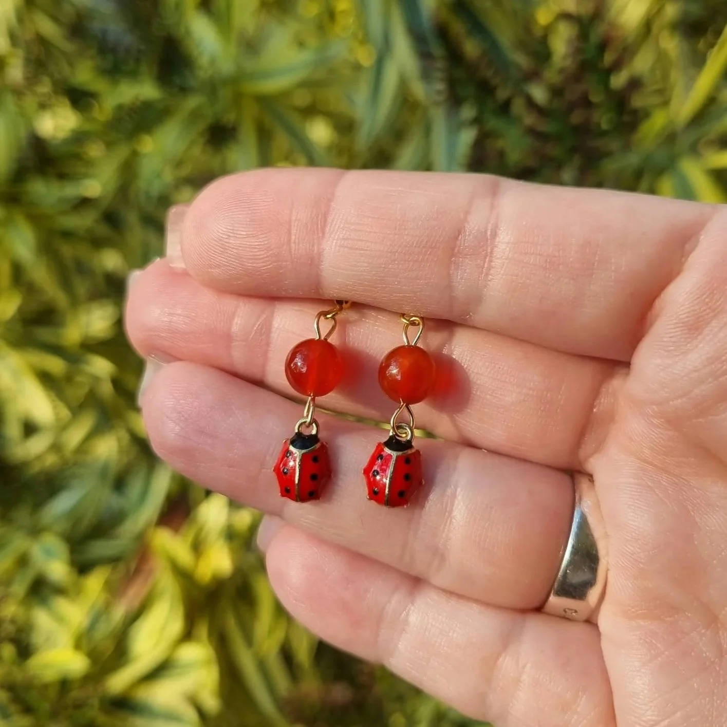 Carnelian Lady Bug Earrings - Gold