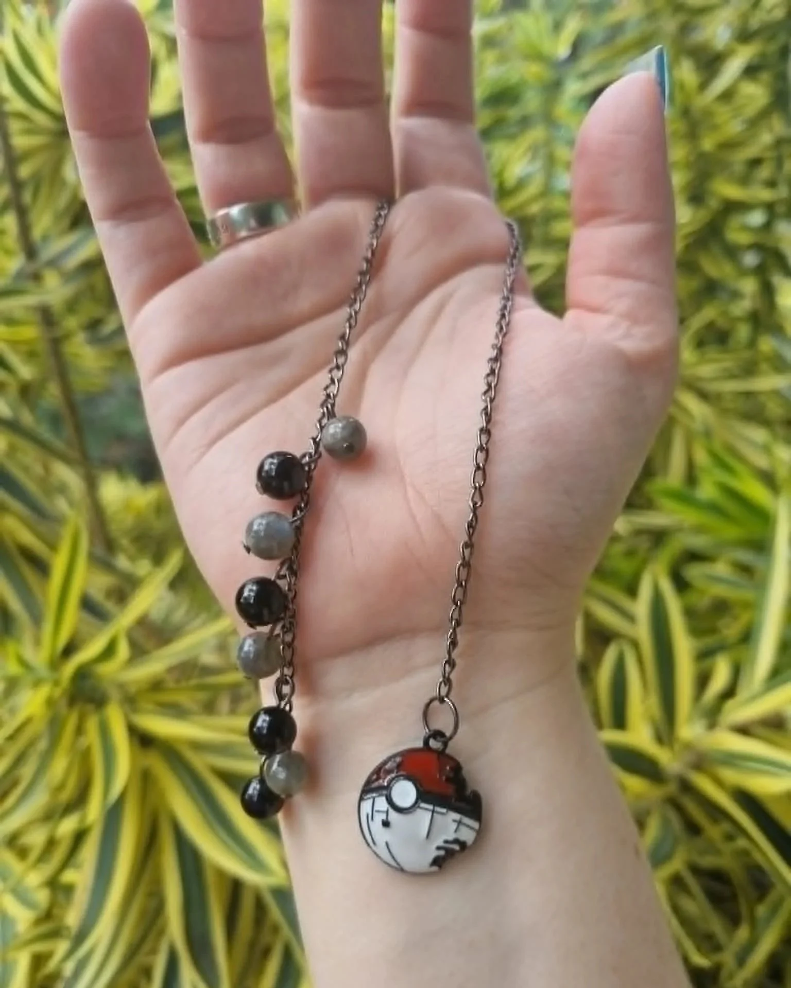 Labradorite & Black Obsidian Pokeball Bookmark- Black Chain