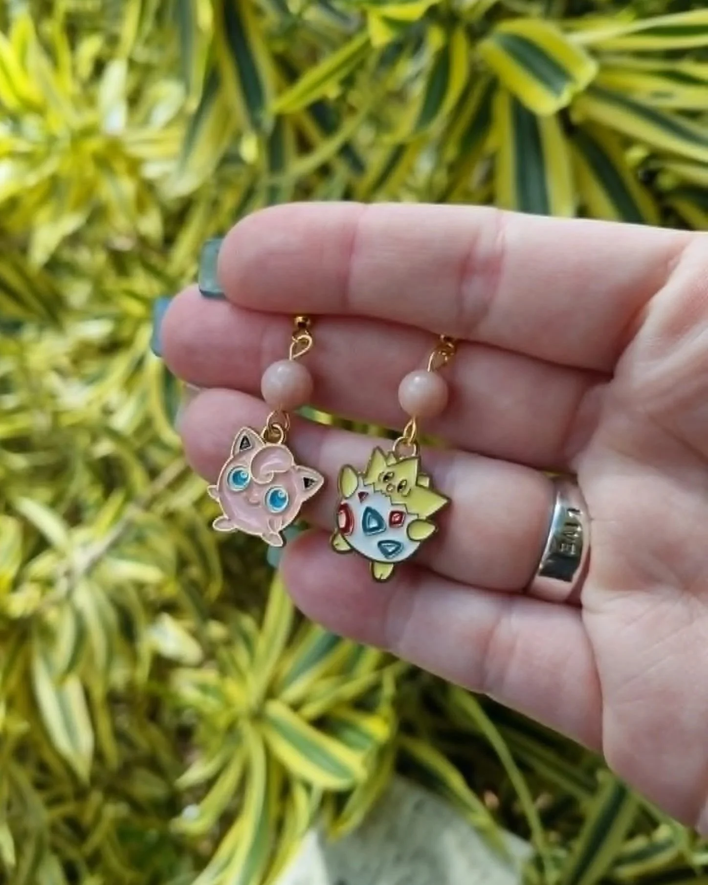 Pink Opal Jigglypuff & Togepi Earrings - Gold