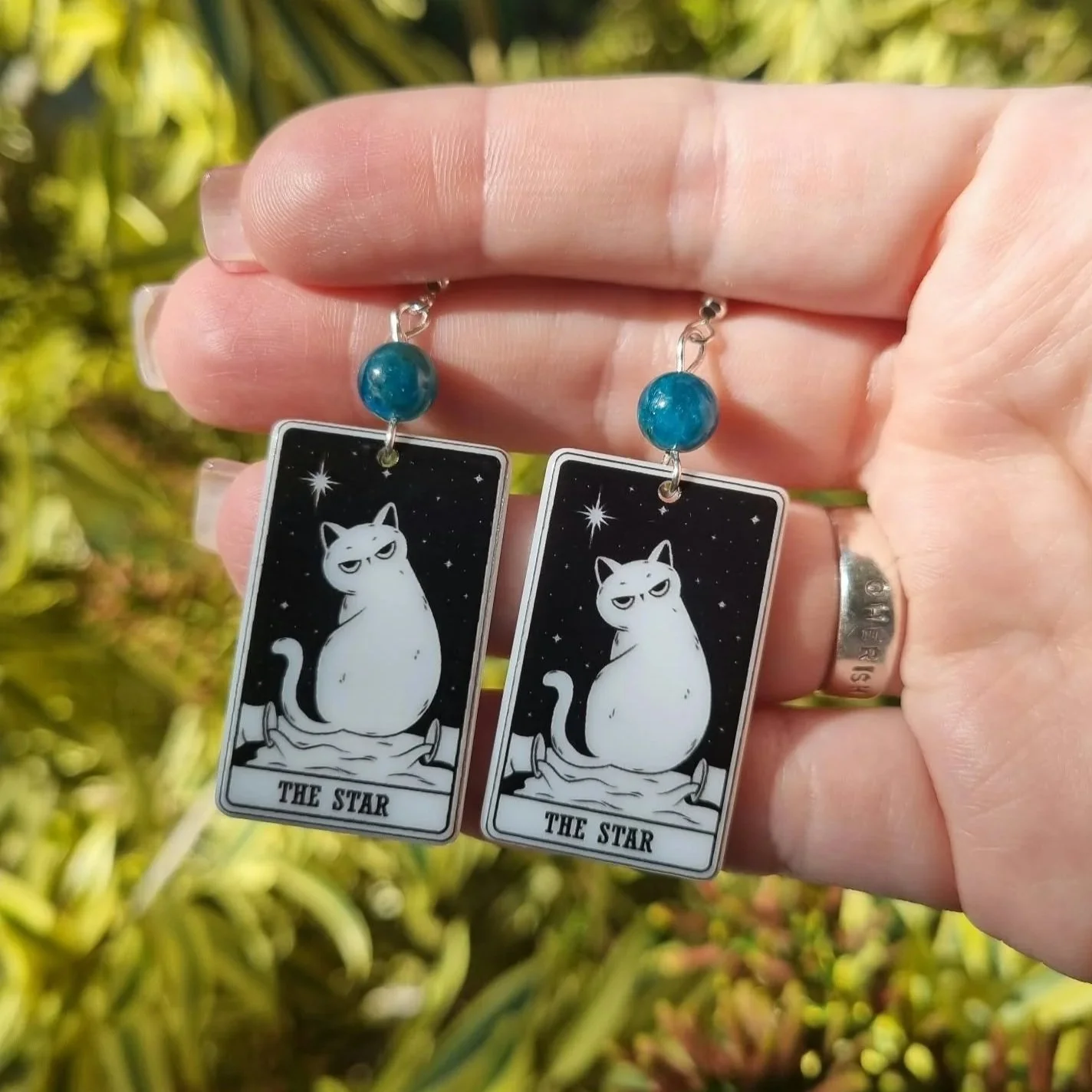 Blue Apatite The Star Cat Tarot Earrings - Silver