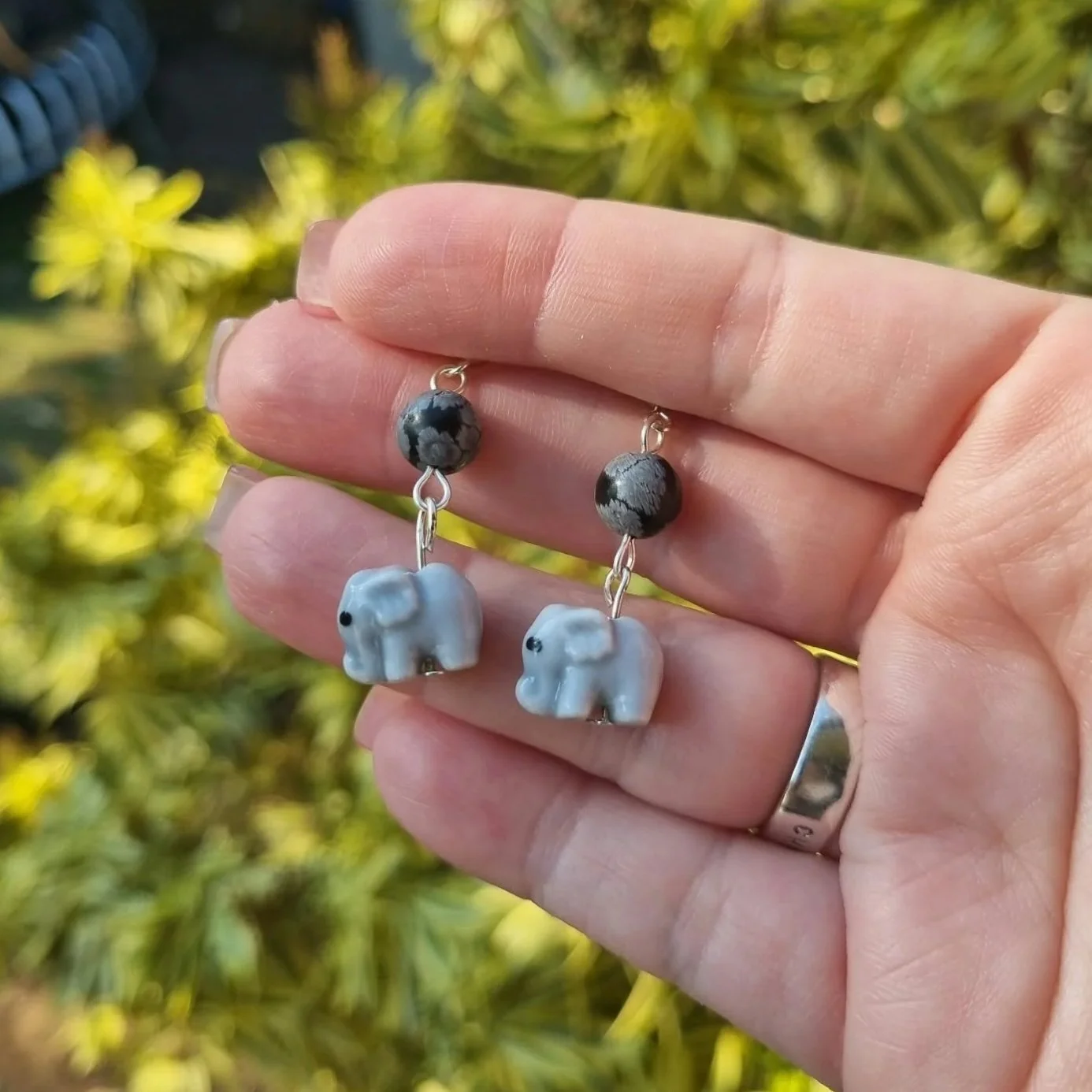 Snowflake Obsidian Elephant Earrings - Silver