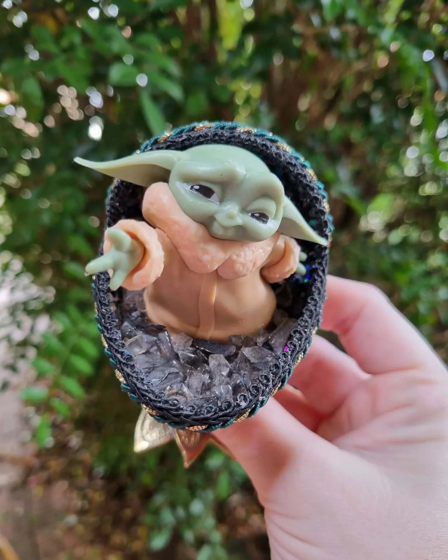 Smoky Quartz Baby Yoda Goose Egg Cradle Creation