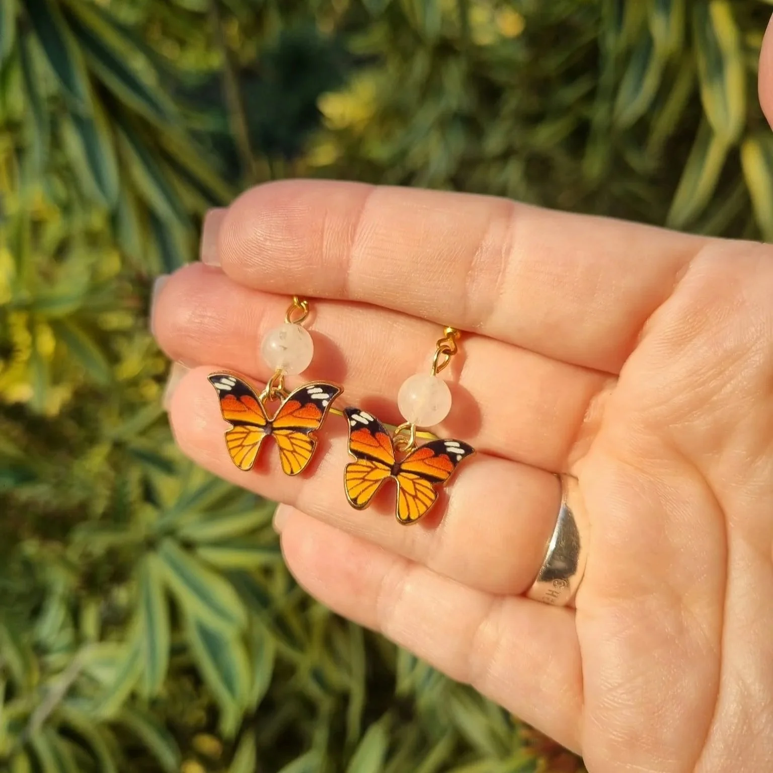 White Jade Butterfly Earrings - Gold