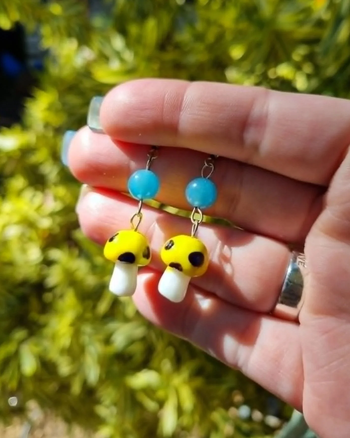 Blue Sponge Quartz Yellow Mushroom Earrings - Silver