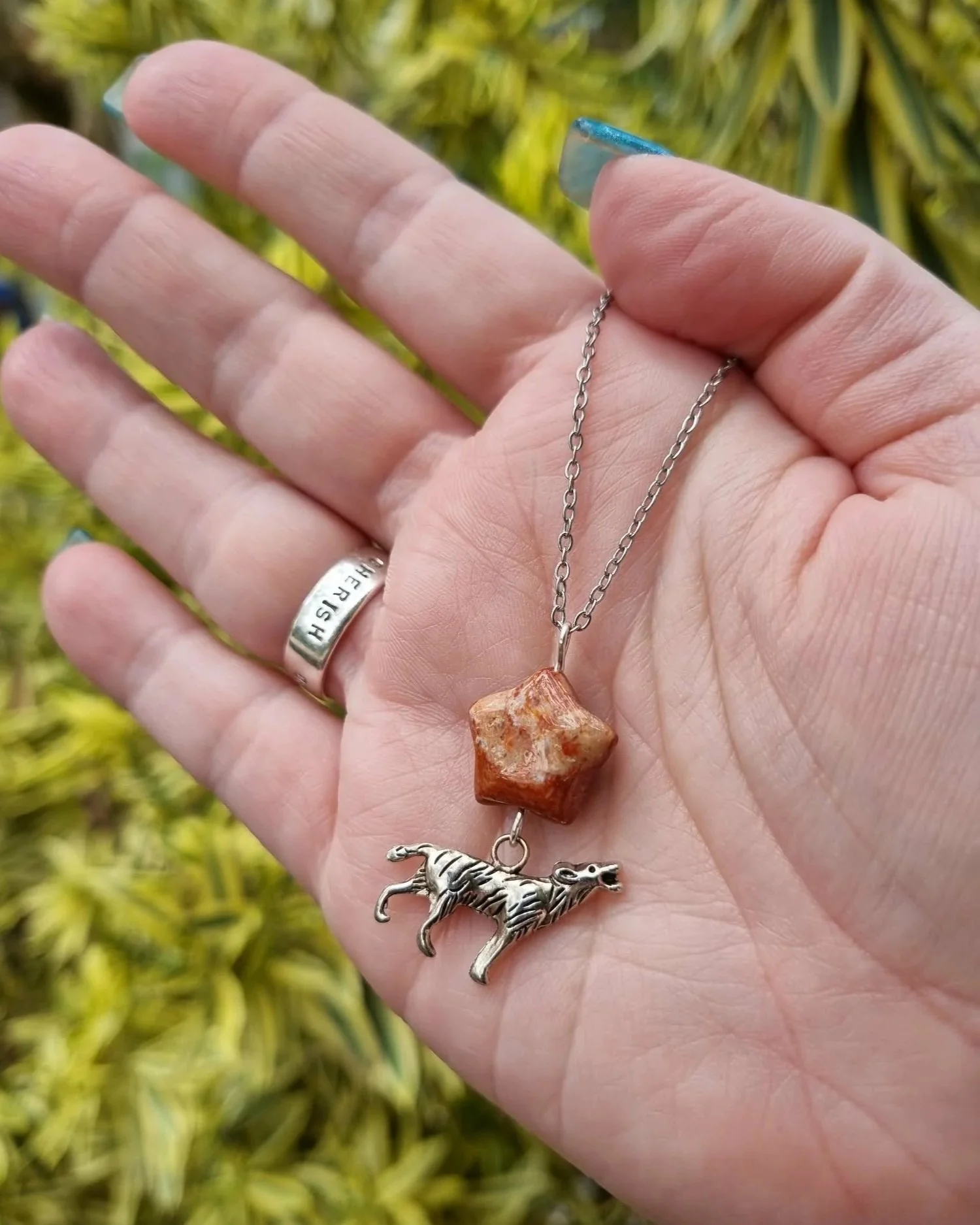 Coral Jade Wolf Pendant - Silver