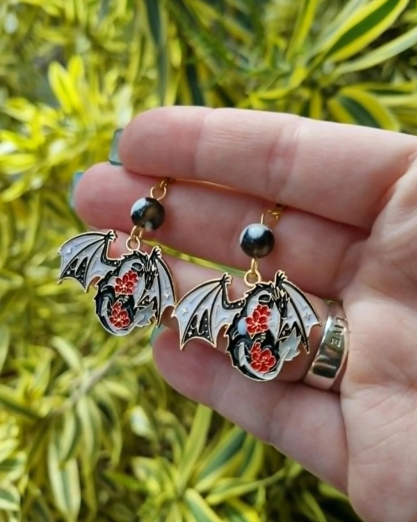 Orca Agate Dragon Earrings - Gold