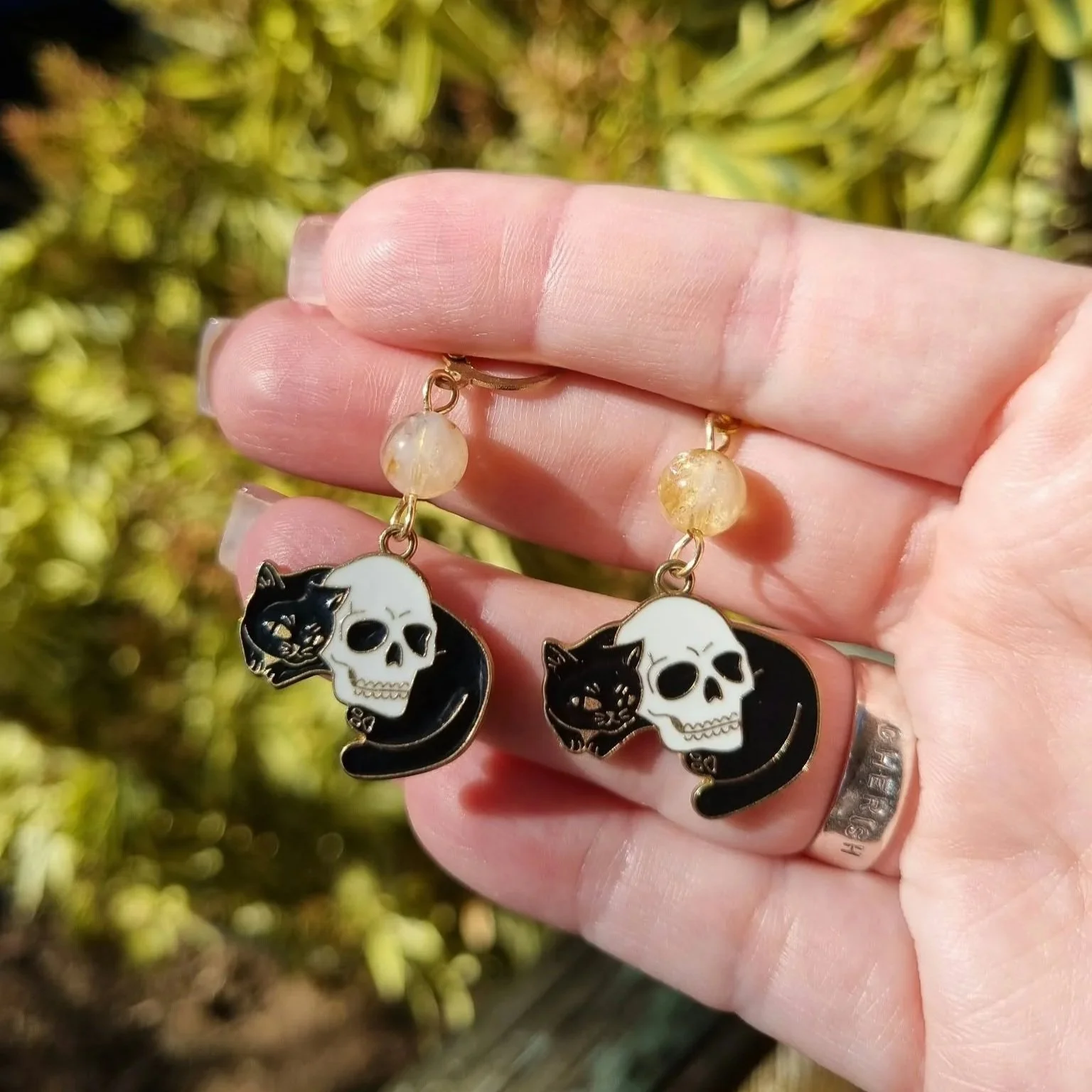 Citrine Cat Skull Earrings - Gold