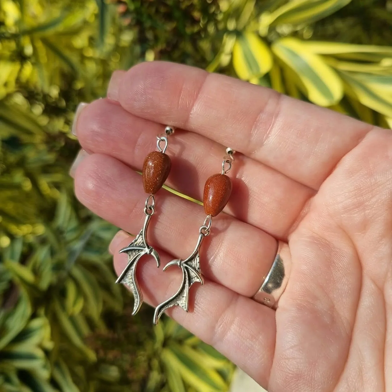 Goldstone Dragon Wing Earrings - Silver