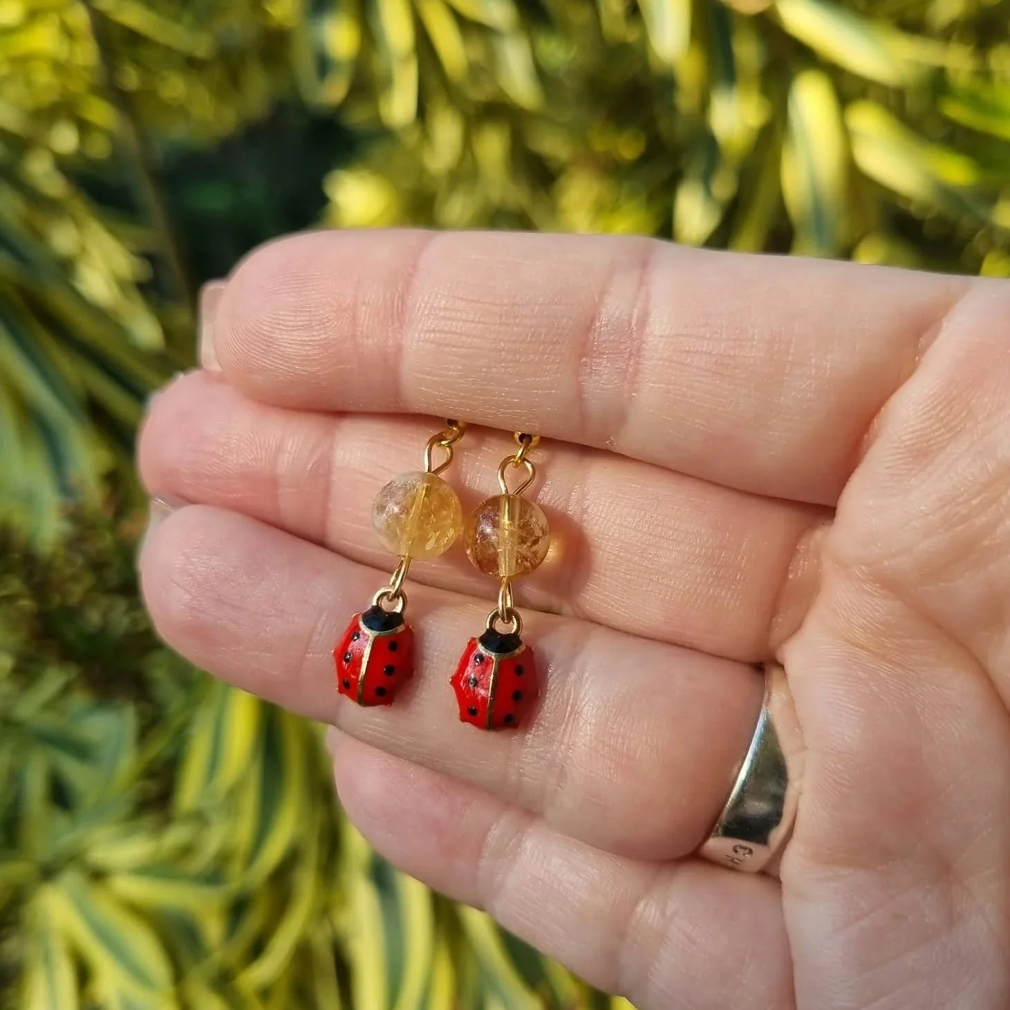 Citrine Lady Bug Earrings - Gold