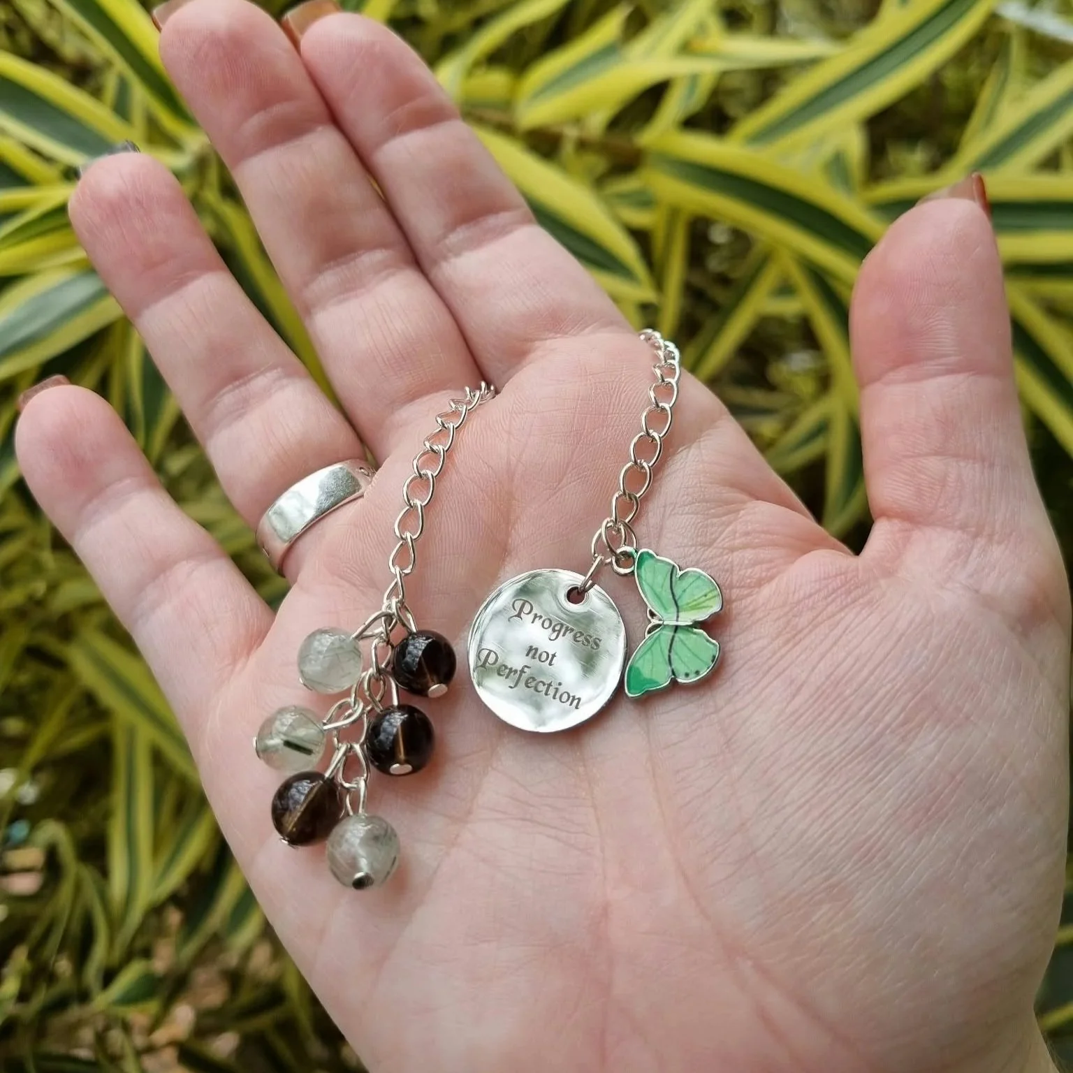Prehnite & Smoky Quartz Progress Butterfly Chain Bookmark- Silver