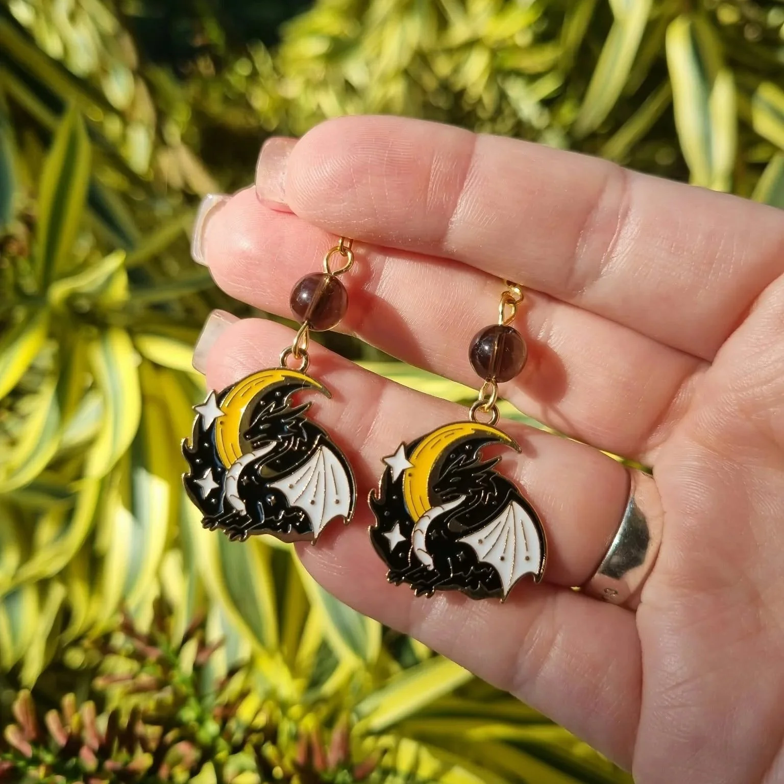 Smoky Quartz Dragon Earrings - Gold