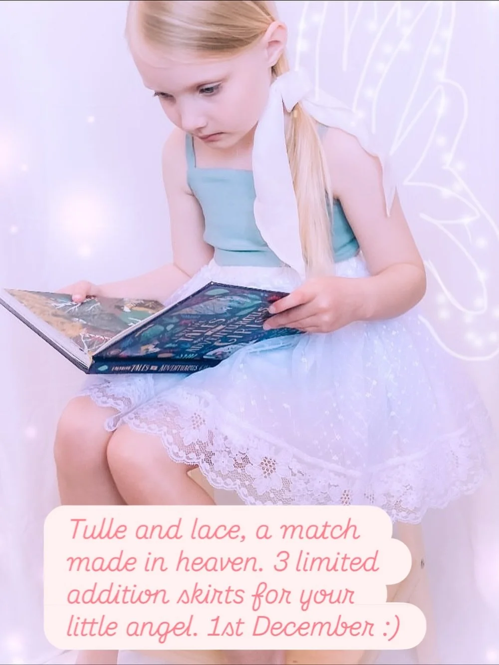 I have loved up-cycling this piece of vintage tulle. It was one long strip that I managed to eek three twirly skirts out of and attached some lovely vintage lace to the bottom. Organic cotton lining and an adjustable elastic waistband. Long lost tull