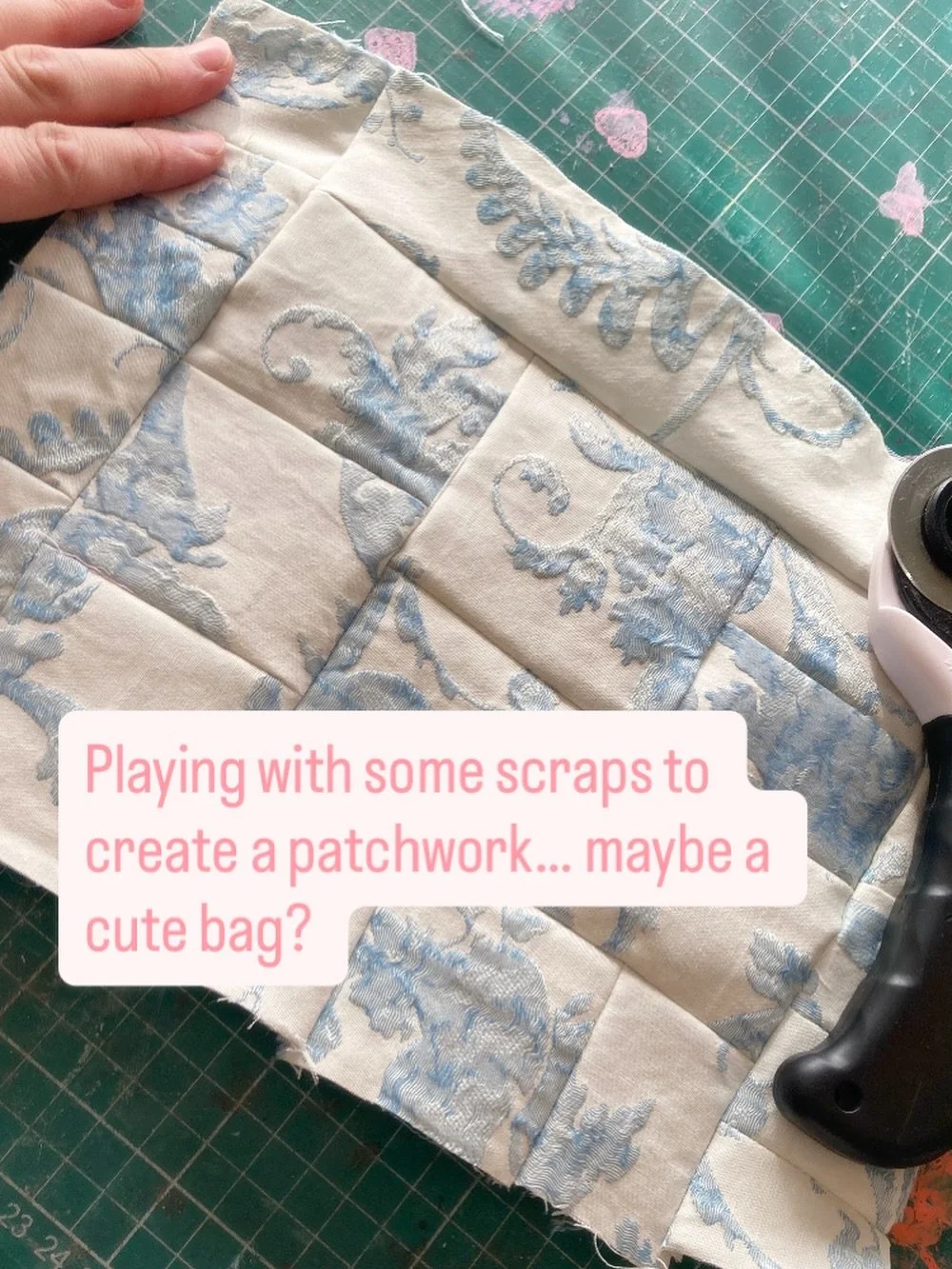 I&rsquo;m thinking little purses with this patchwork from scraps. What do you think? 🤔 
#sustainablewedding #ethicalfashion #slowfashionbranduk #slowfashionuk #zerowastefashion #ecofriendlywedding