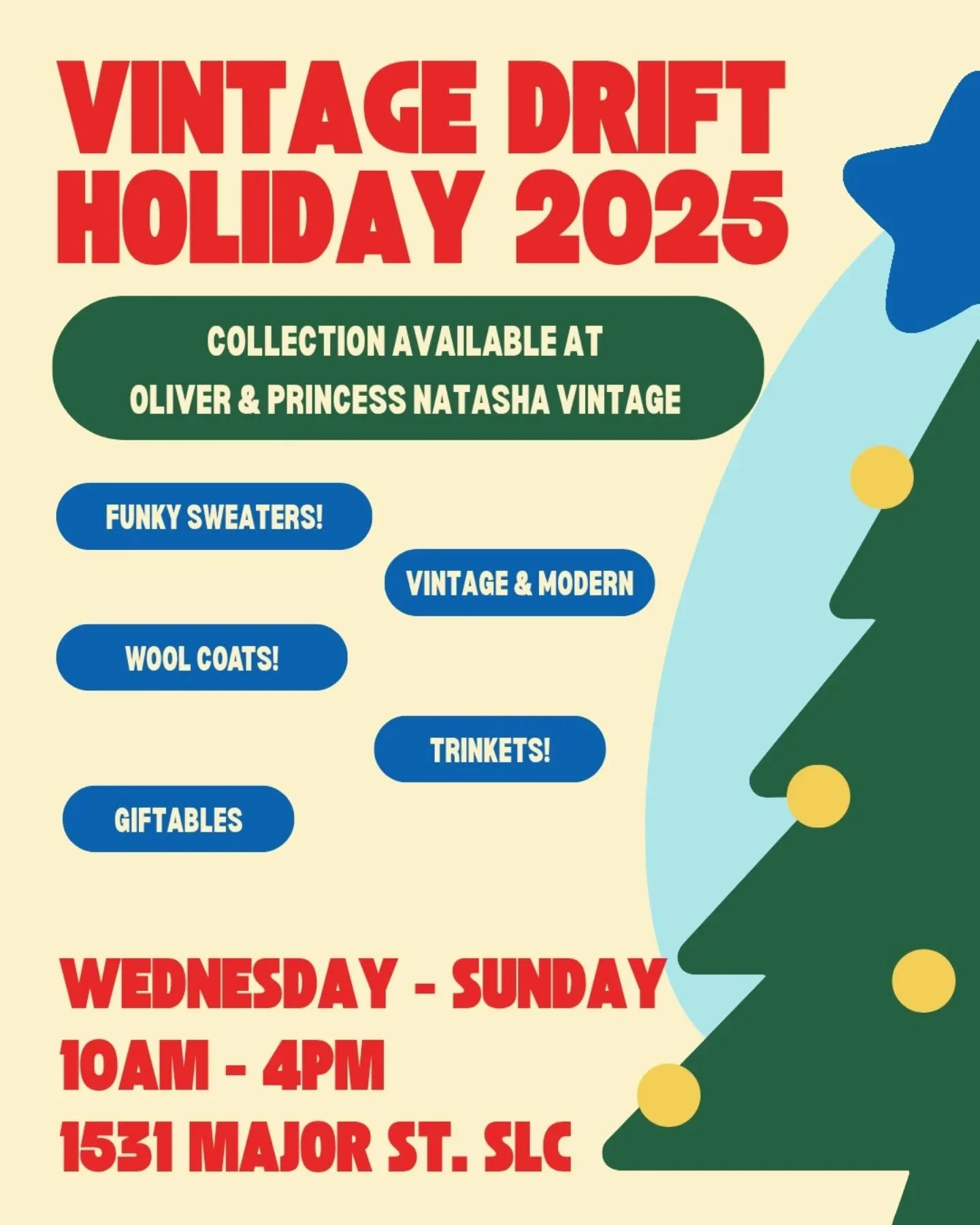 Holiday season is (un)officially here &amp; Vintage Drift is popping up inside @oliverprincessnatashavintage with a fresh, cozy, gift-ready collection, along side dozens of other Salt Lake City vintage sellers.

Think funky sweaters, heavy wool coats