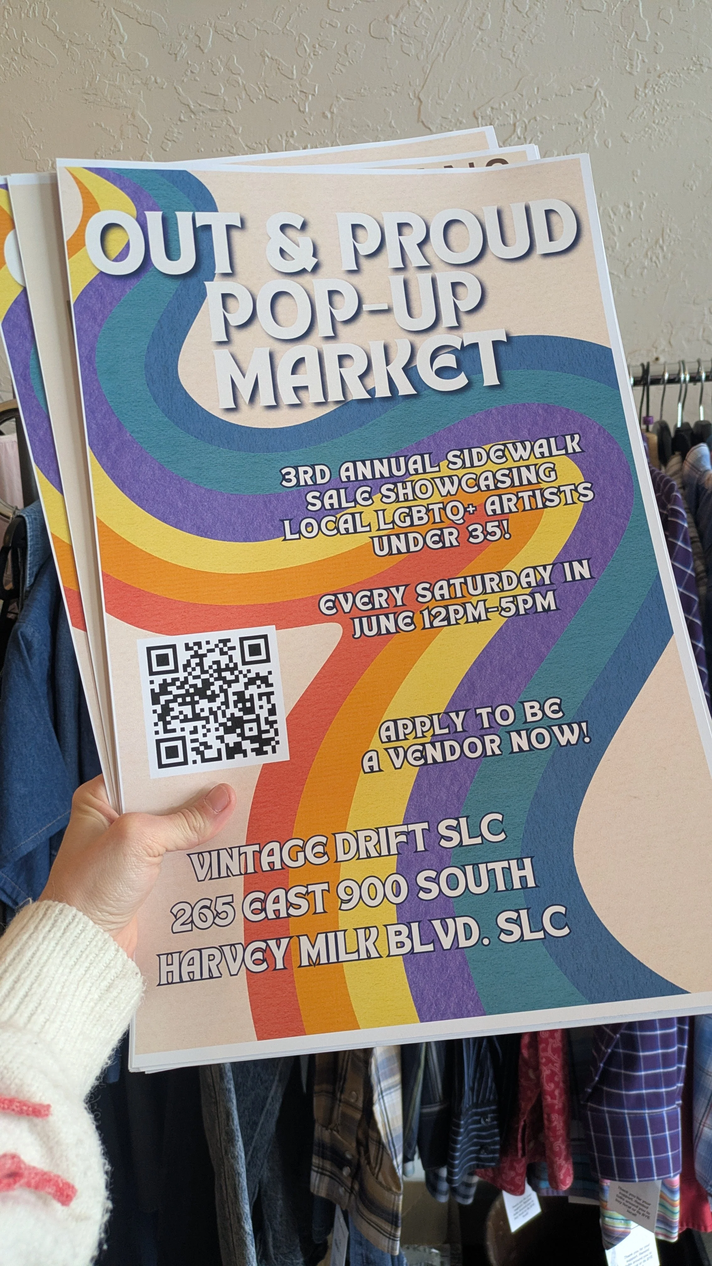 Flyer advertising OUT & PROUD POP-UP MARKET at Vintage Drift SLC, 265 East 900 South, Salt Lake City, every Saturday in June from 12 PM to 5 PM, featuring local LGBTQ+ artists. Includes QR code.