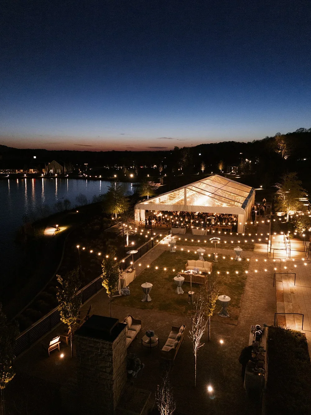 nighttime arial view of the southall farm and inn wedding venue