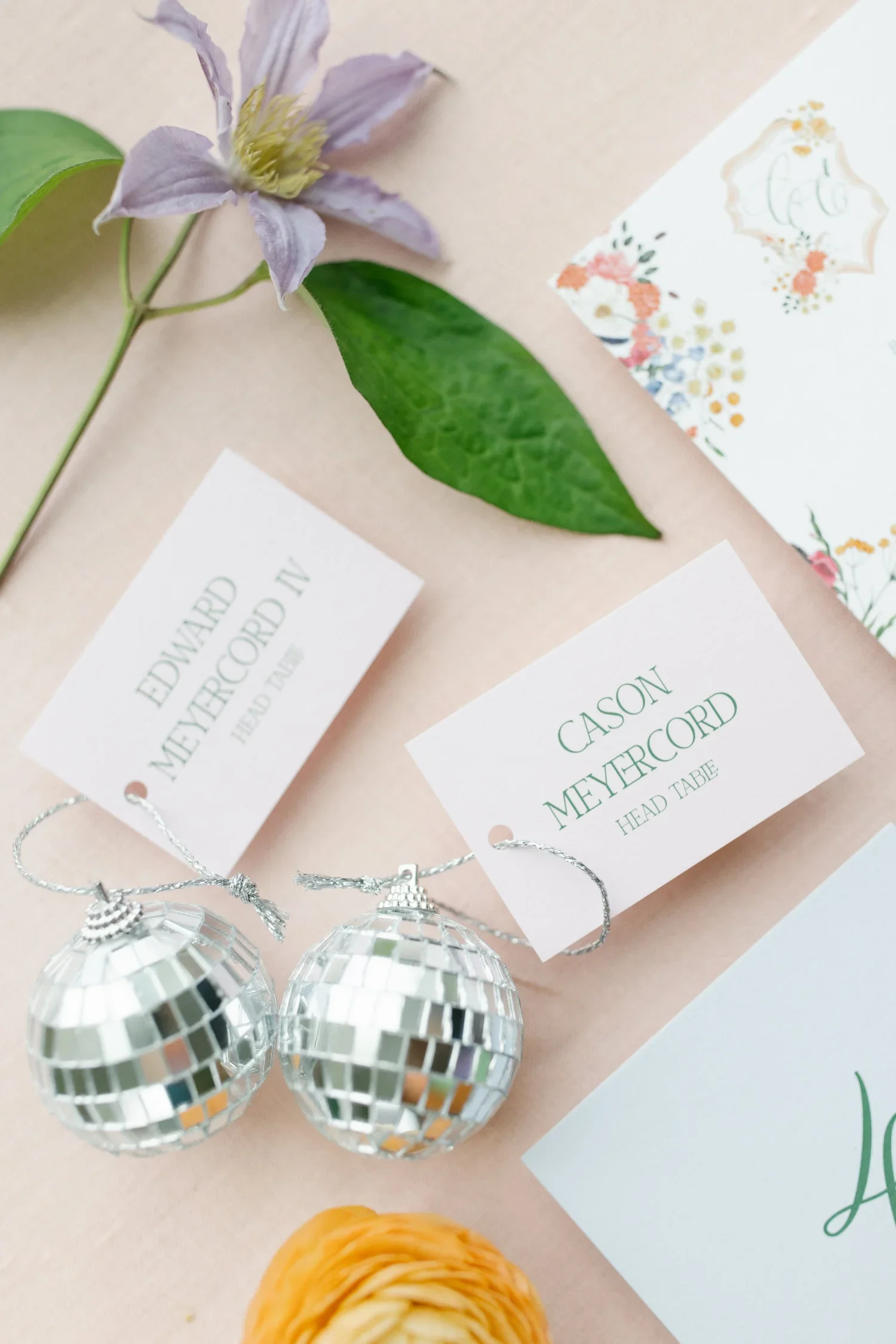 Country Music Hall of Fame wedding seating cards with disco ball ornaments