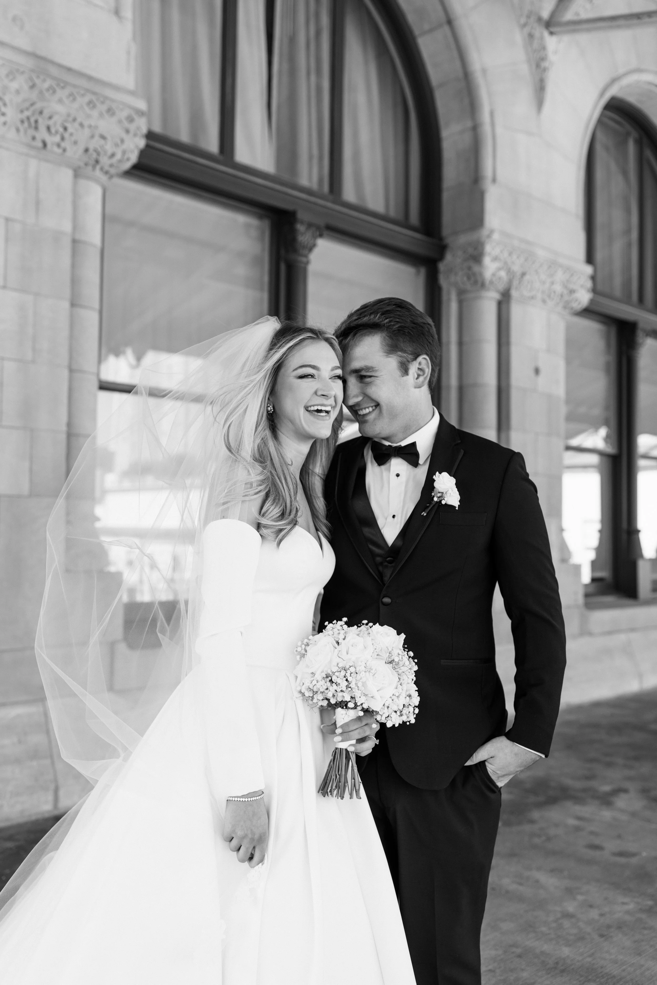 black and white portrait of bride and groom captured by a Nashville wedding photographer.