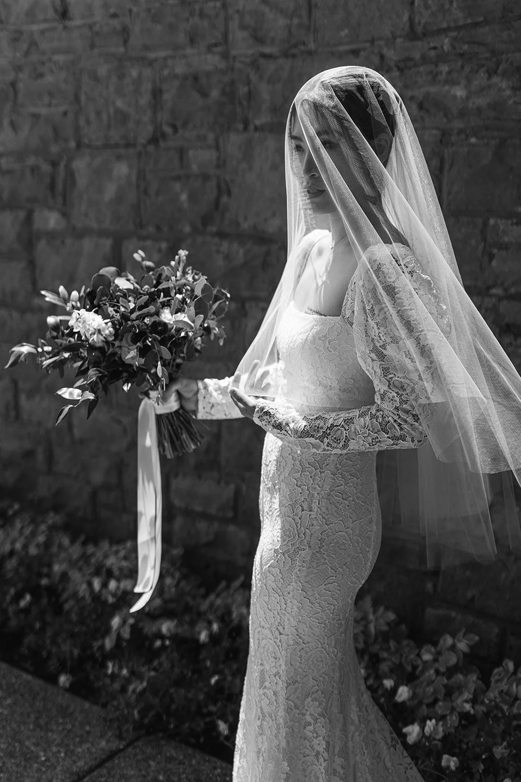 black and white editorial wedding photography of bride